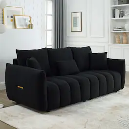 Ropilly - Black Upholstered Sofa, 3 Seater Teddy Fabric Sofa with Pillows and Solid Wood Frame - Black