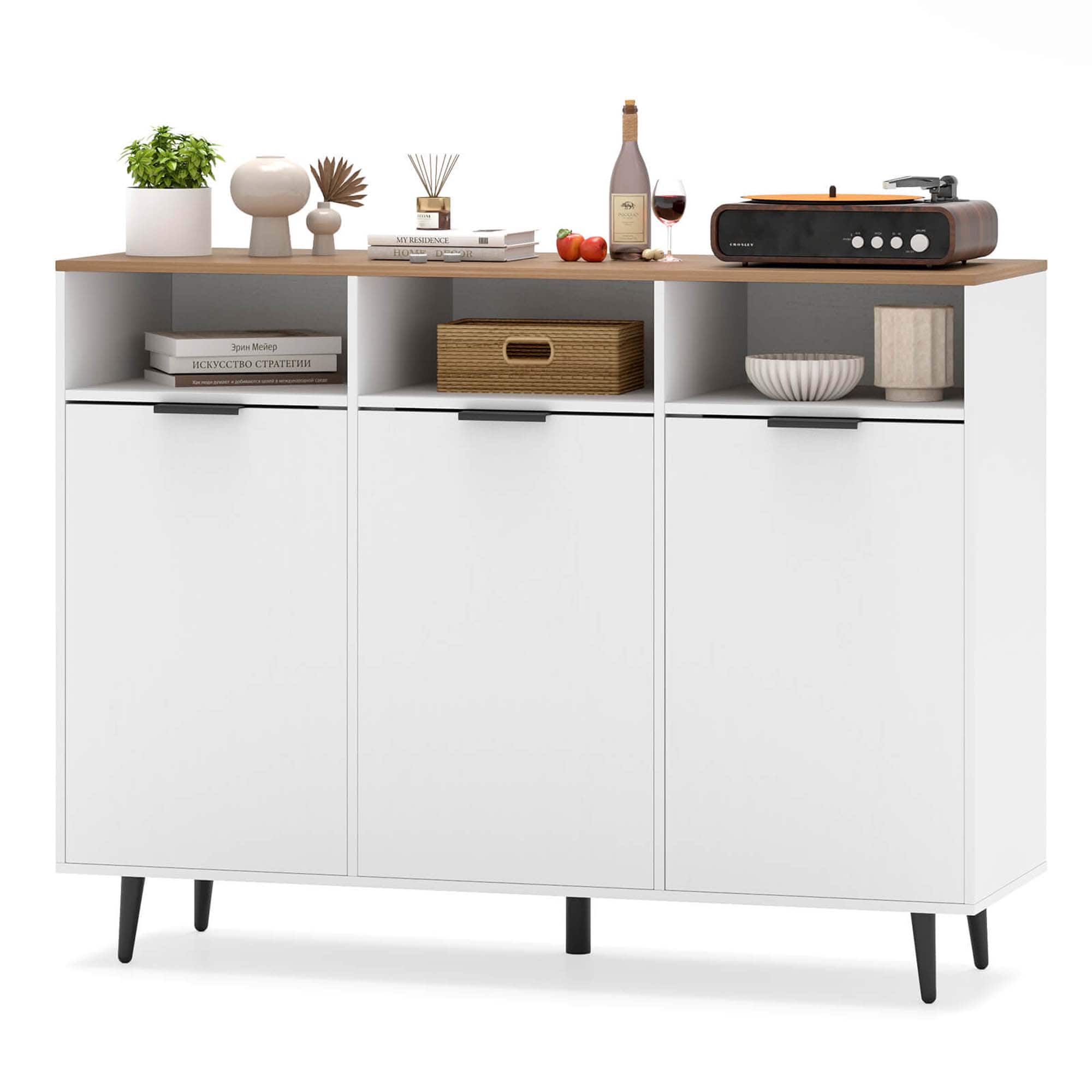 Costway Buffet Sideboard with 3 Open Compartments 3 Doors 5Posistion