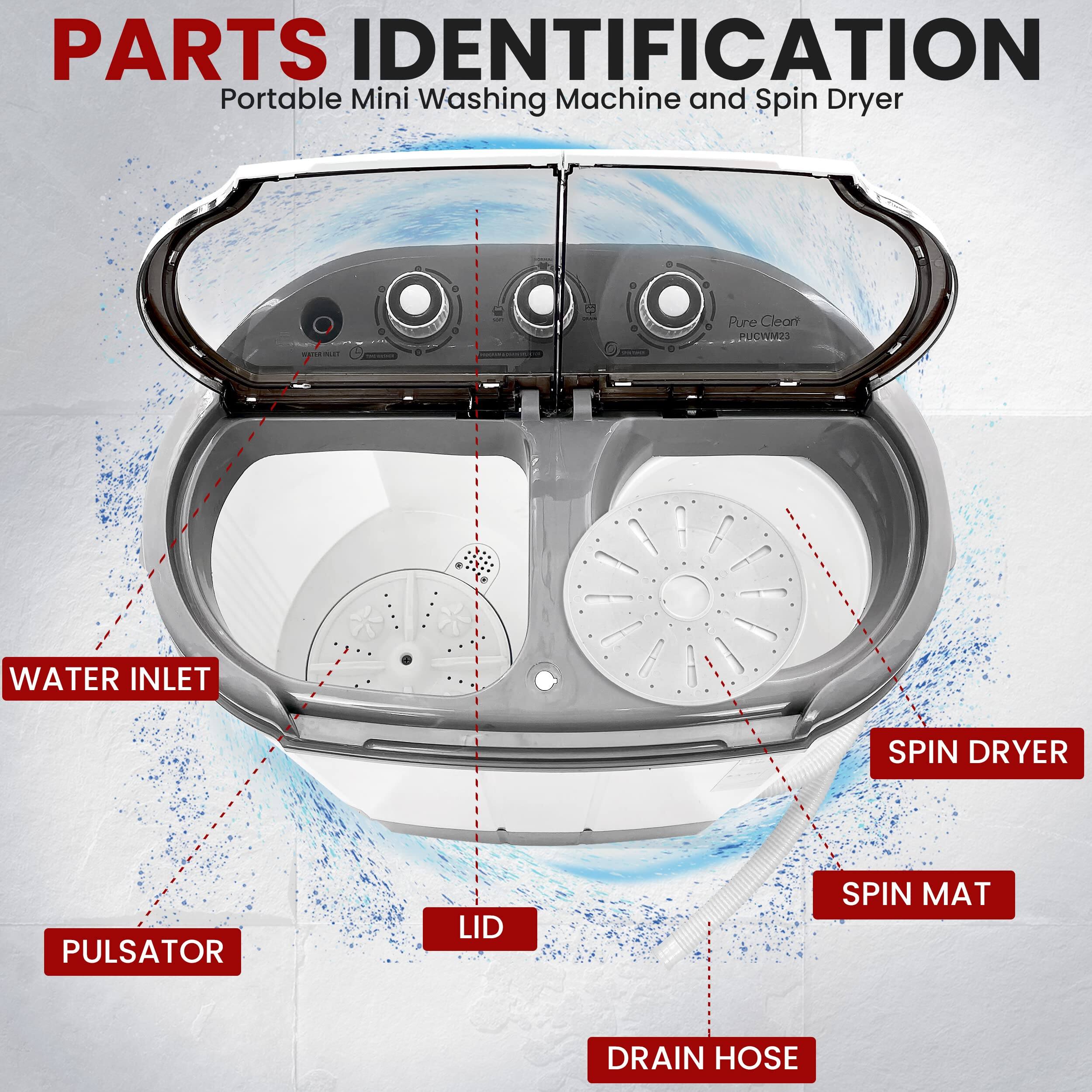 PARTS IDENTIFICATION  
Portable Mini Washing Machine and Spin Dryer  

- WATER INLET  
- PULSATOR  
- LID  
- SPIN DRYER  
- SPIN MAT  
- DRAIN HOSE