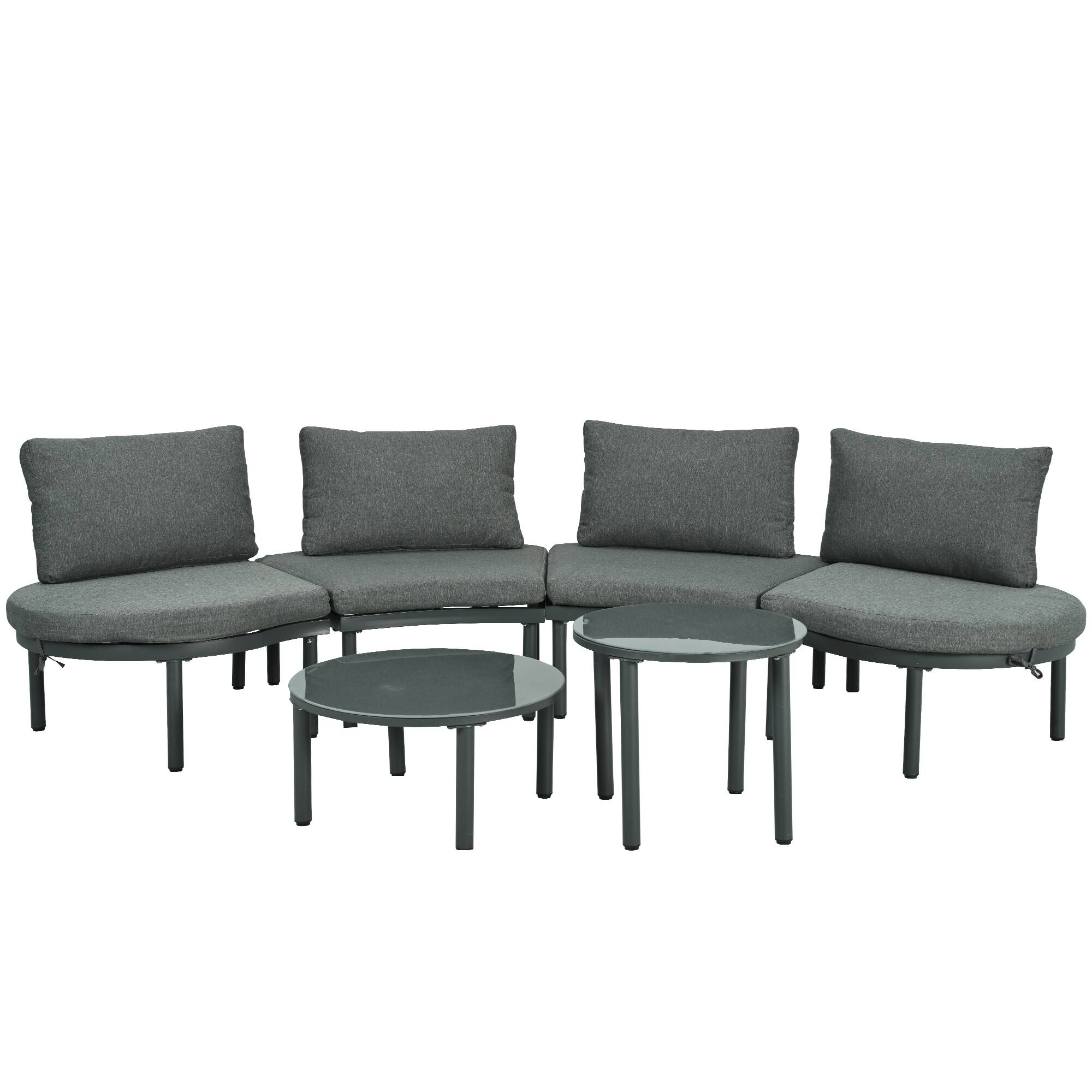 Alt View 5. Siljoy - 6-Piece Half Moon Wicker Patio Set, Gray, 2 Coffee Tables with Tempered Glass, Cushions & Pillows - Gray.