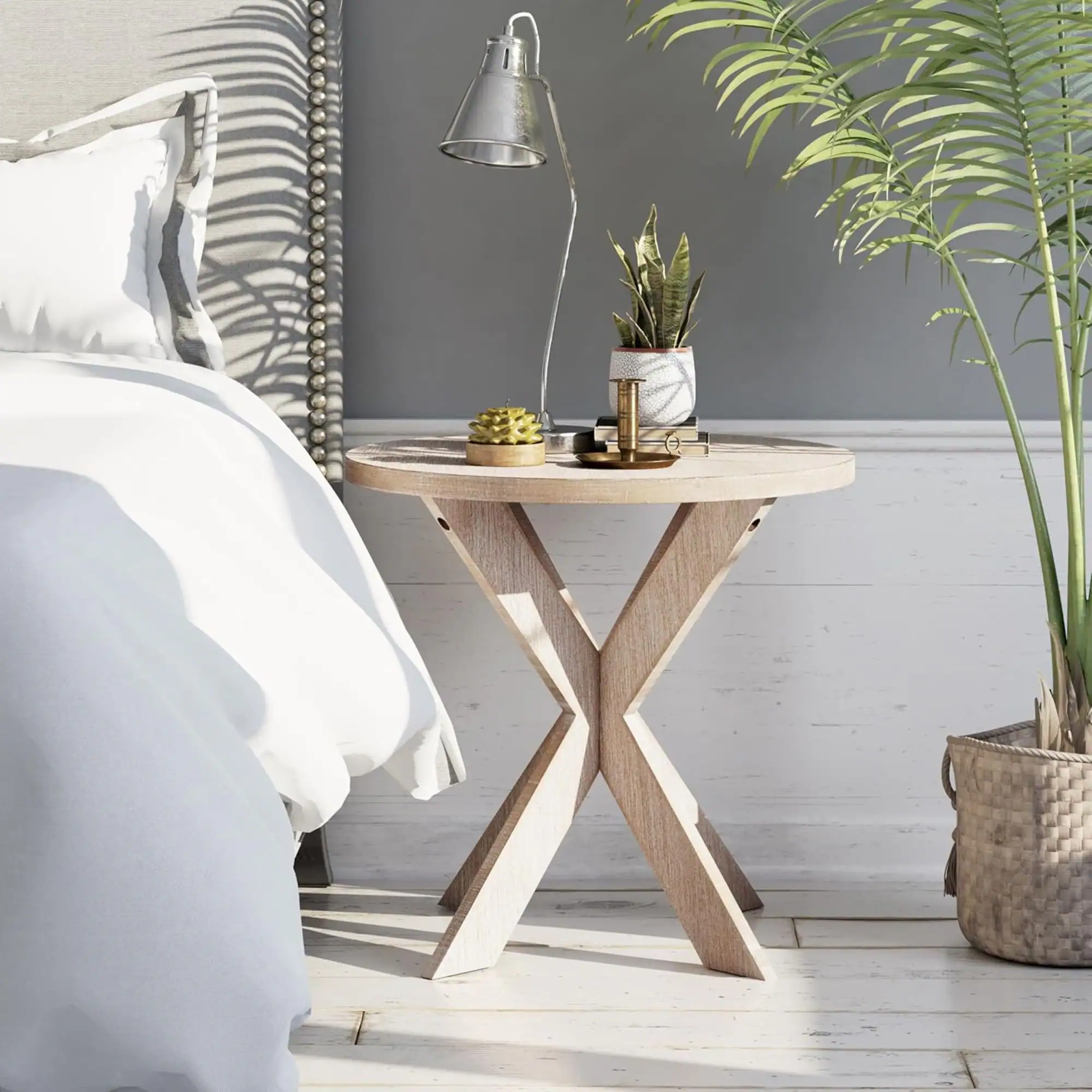 Alt View 4. COZAYH - COZAYH Farmhouse Round Wooden End Table with Cross Legs, Vintage Grey Finish - Vintage Grey.