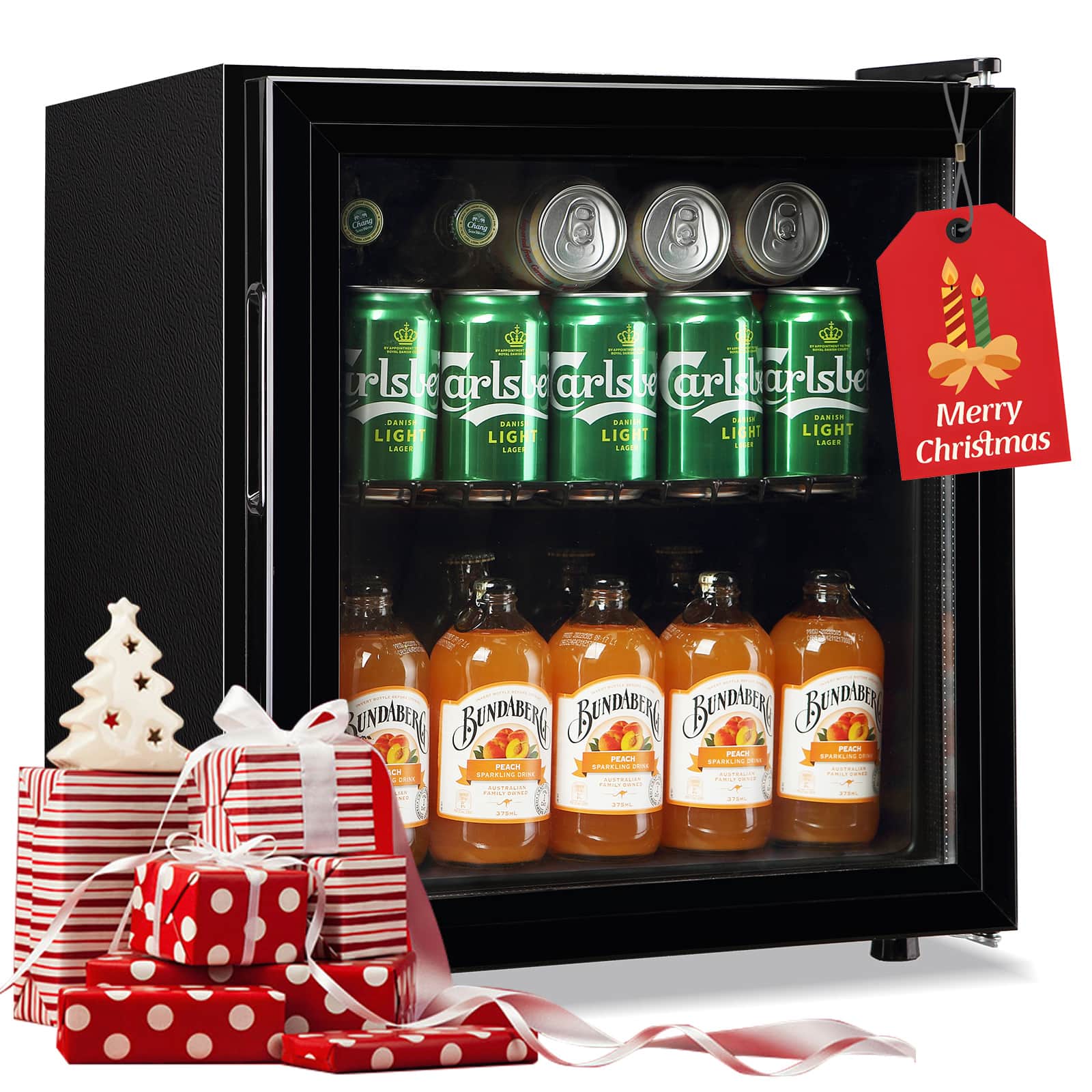 WANAI - 60 Cans Beverage Refrigerator with Glass Door, 1.6 Cu.Ft Beer Small Fridge with LED Light for Home Department - Black