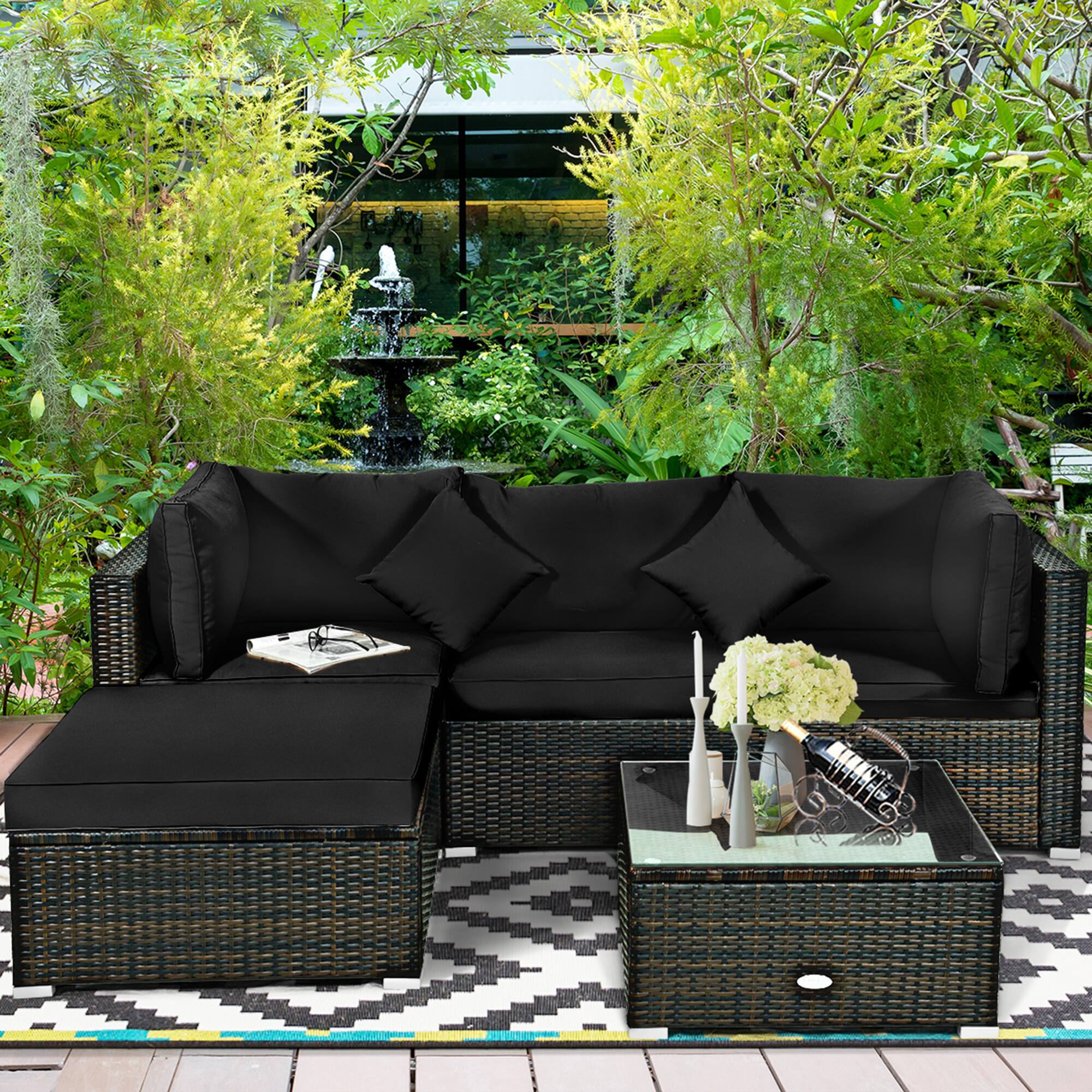 Alt View 4. Gymax - Gymax 5PCS Rattan Patio Conversation Set Outdoor Furniture Set w/ Ottoman Black Cushion - Black.