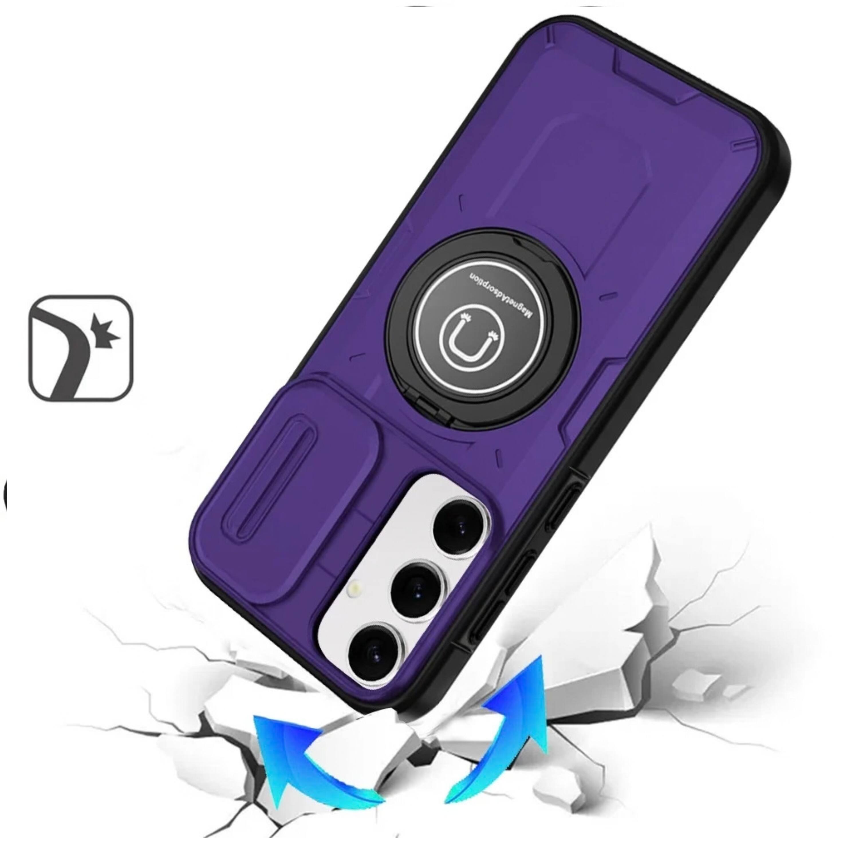 Angle. Kitcheniva - Sliding Cover Metal Ring Stand Phone Case With Tempered Glass For Samsung S25 Plus S24 Plus Purple - Purple.