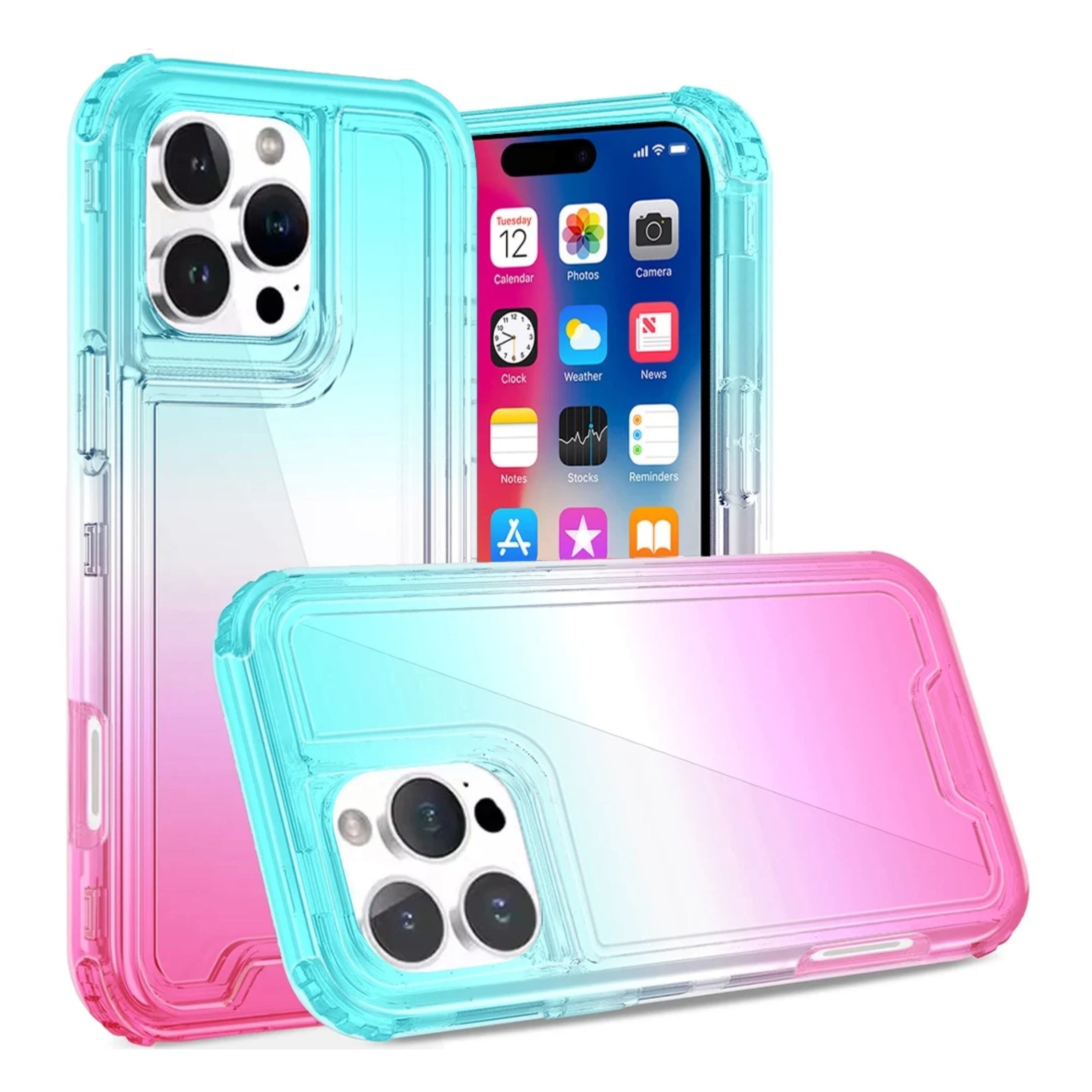 Kitcheniva - Shockproof Hybrid Two Tone Phone Case With Tempered Glass For iPhone 16 Pro Light Blue/Pink - Light Blue Pink
