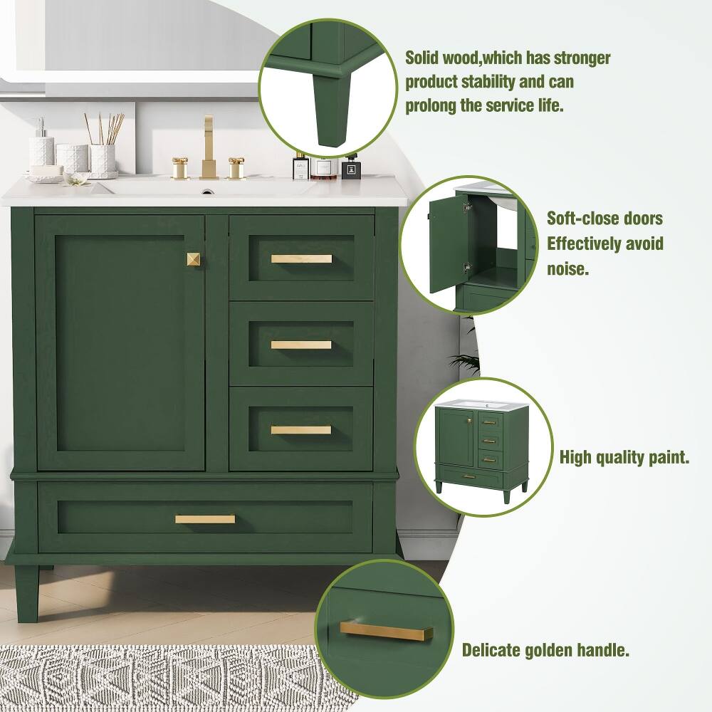 Solid wood, which has stronger product stability and can prolong the service life.  
Soft-close doors effectively avoid noise.  
High quality paint.  
Delicate golden handle.