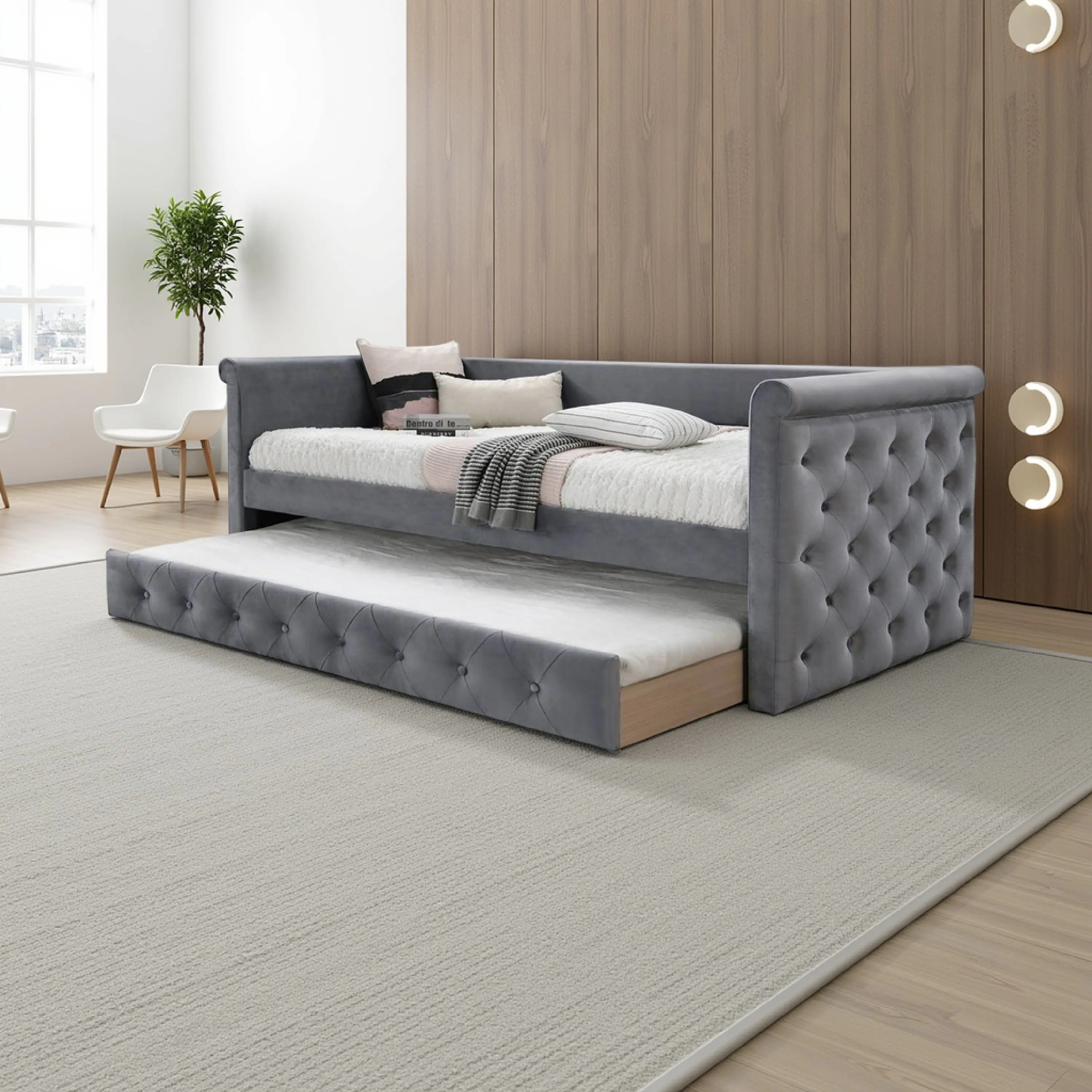 Alt View 5. Manhattan Lane - Edra Classic Wood Upholstered Day Bed with Trundle, Tufted Gray Burlap - Gray.