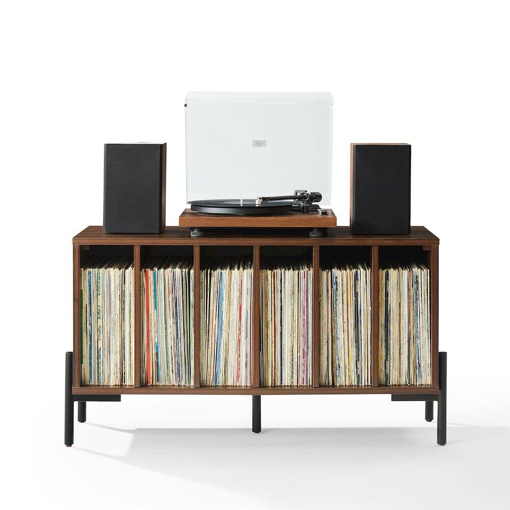 Back. Crosley Furniture - Greenwich Medium Record Player Stand With Vinyl Storage - Walnut.