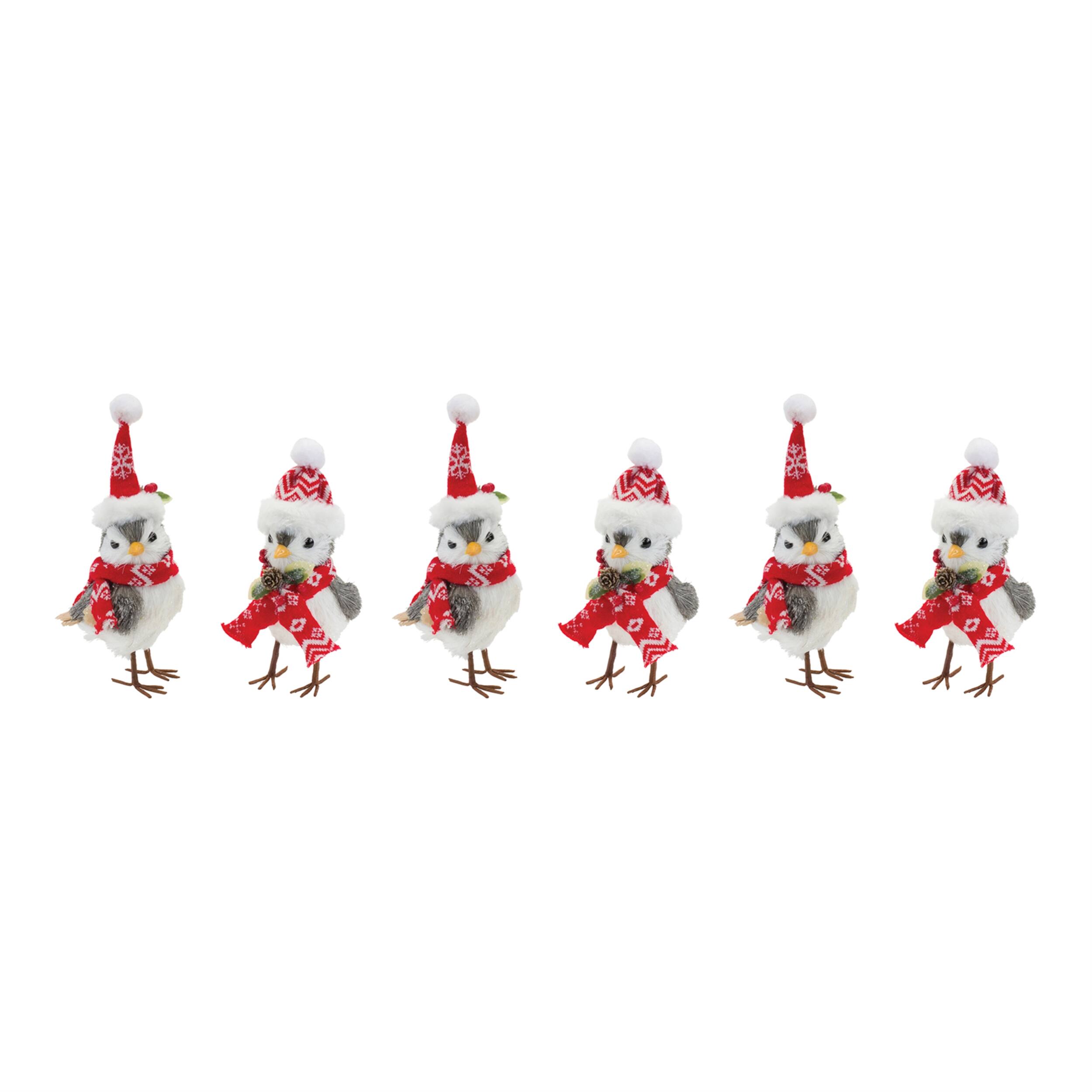 Angle. BreeBe - Winter Bird with Hat and Scarf Accent (Set of 6) - White, Grey, Red.