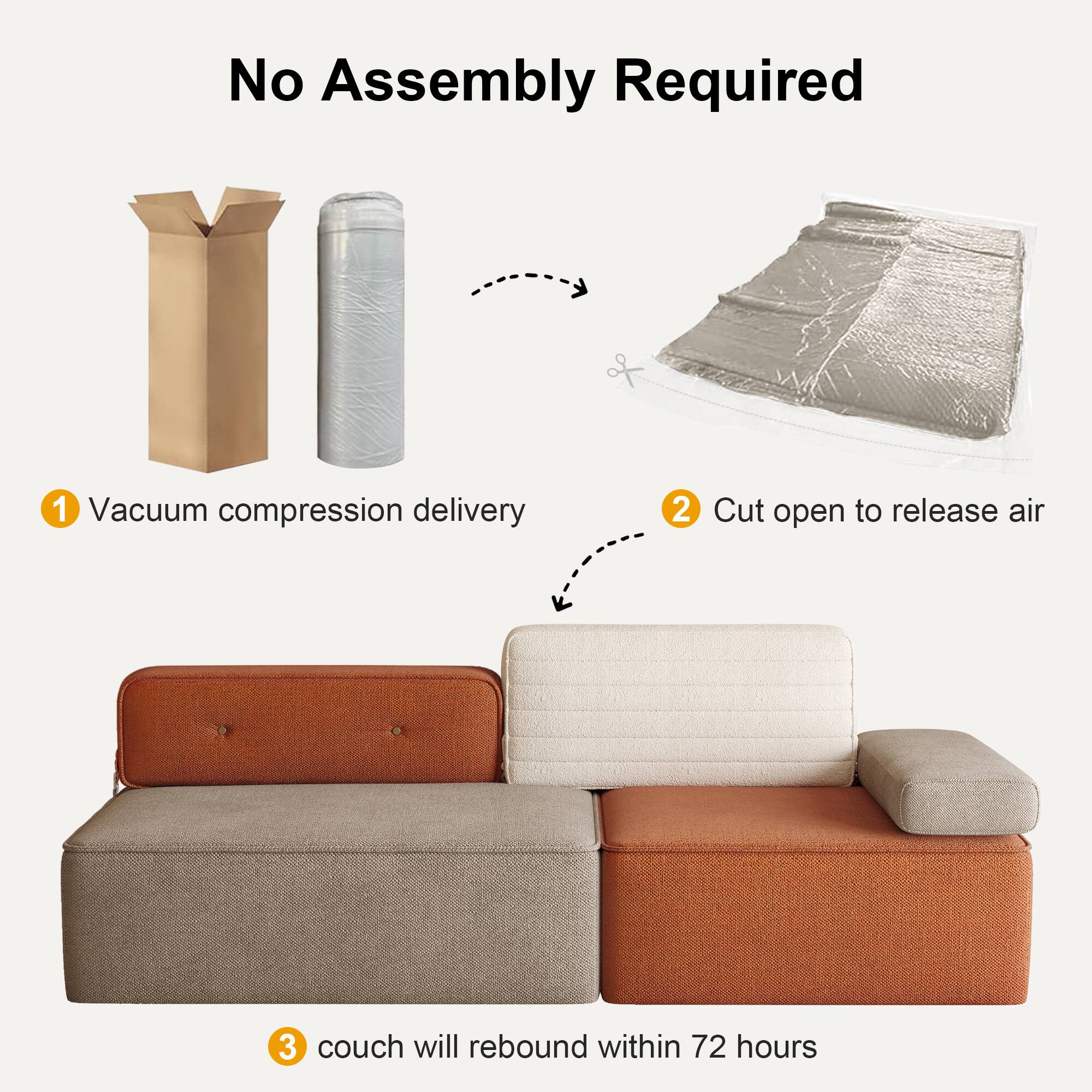 No Assembly Required

1. Vacuum compression delivery
2. Cut open to release air
3. Couch will rebound within 72 hours