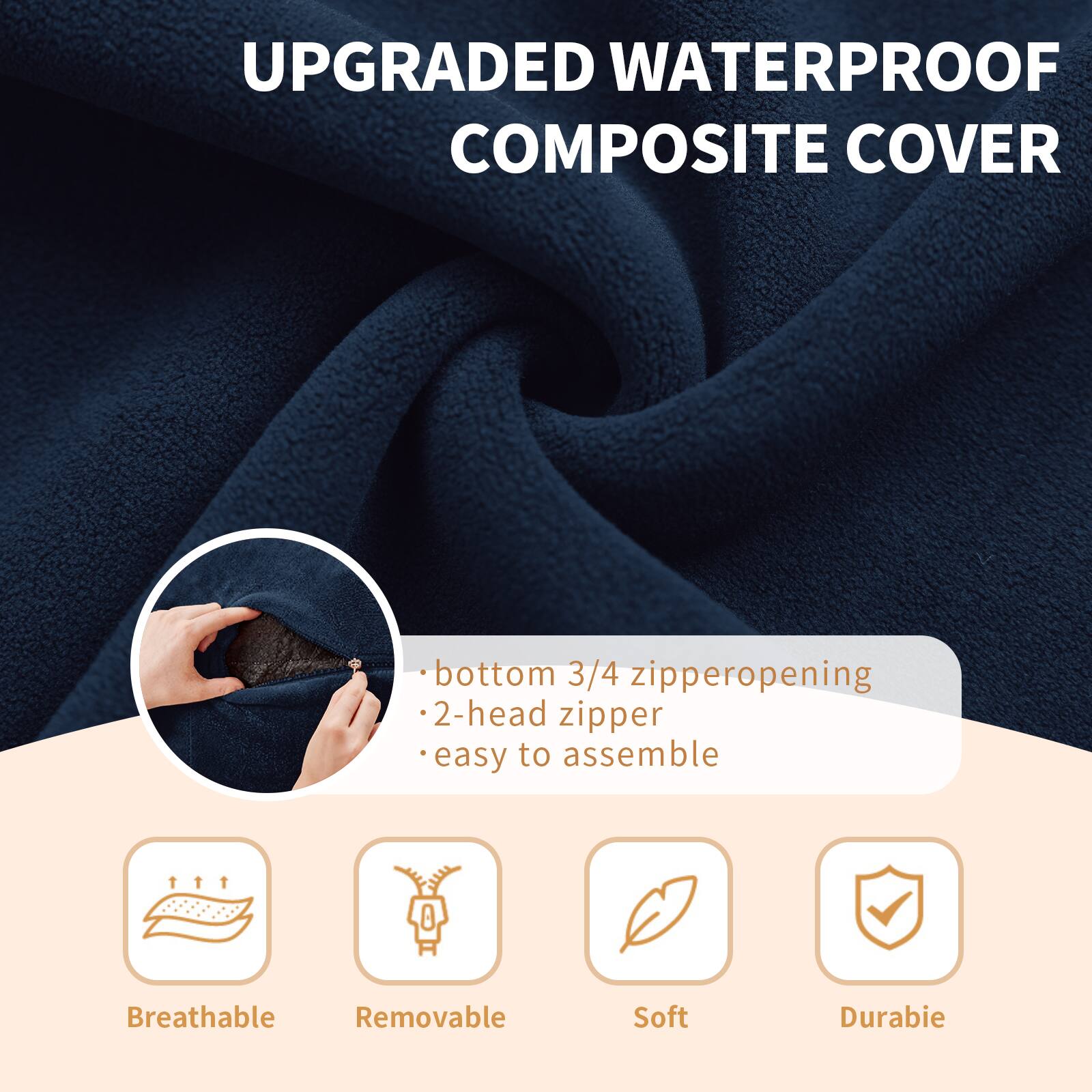 UPGRADED WATERPROOF COMPOSITE COVER

- bottom 3/4 zipper opening
- 2-head zipper
- easy to assemble

Breathable
Removable
Soft
Durable