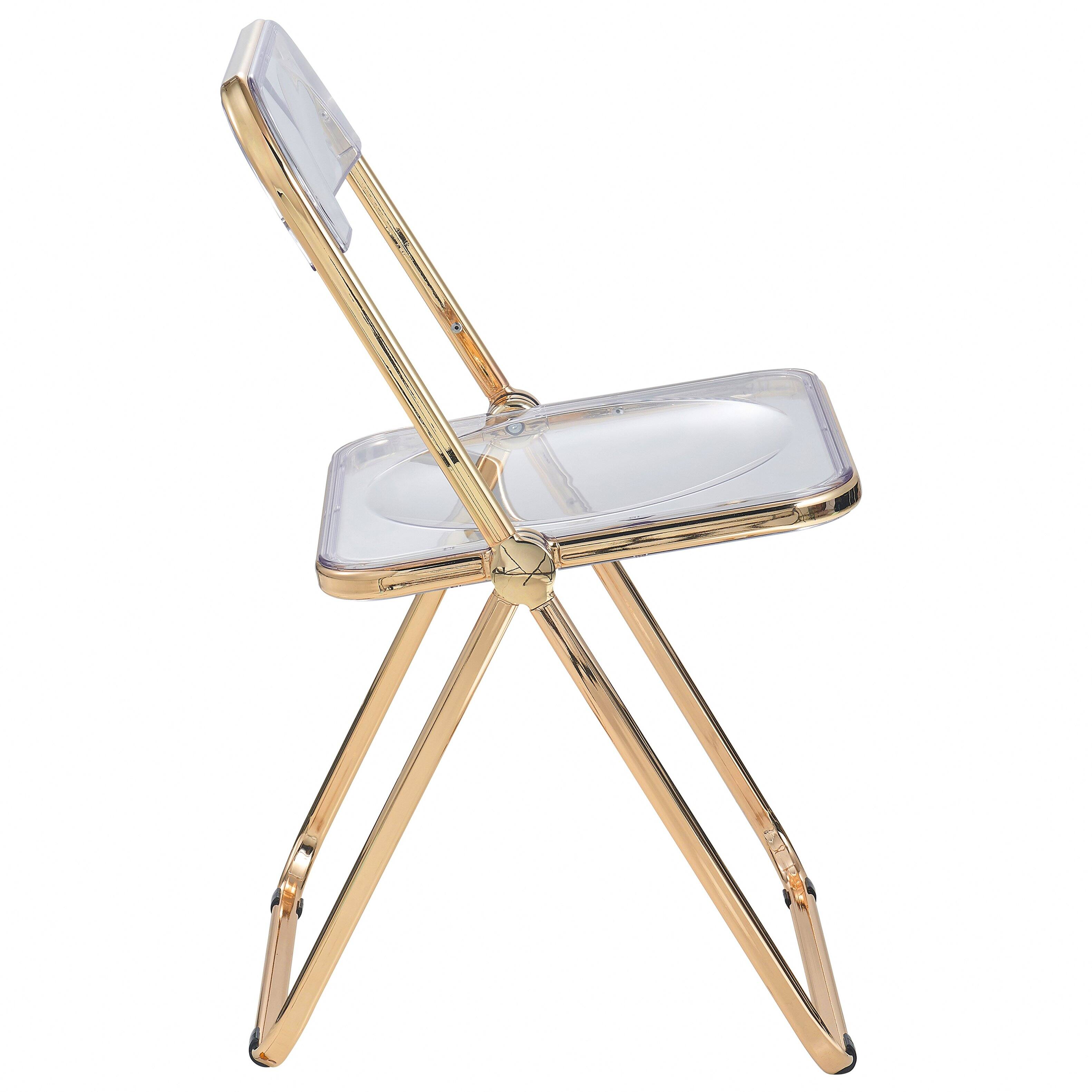 Alt View 4. LeisureMod - Lawrence Clear Acrylic Folding Chair, Modern Gold Chrome Frame, Fully Assembled Portable Dining Seat - Clear.