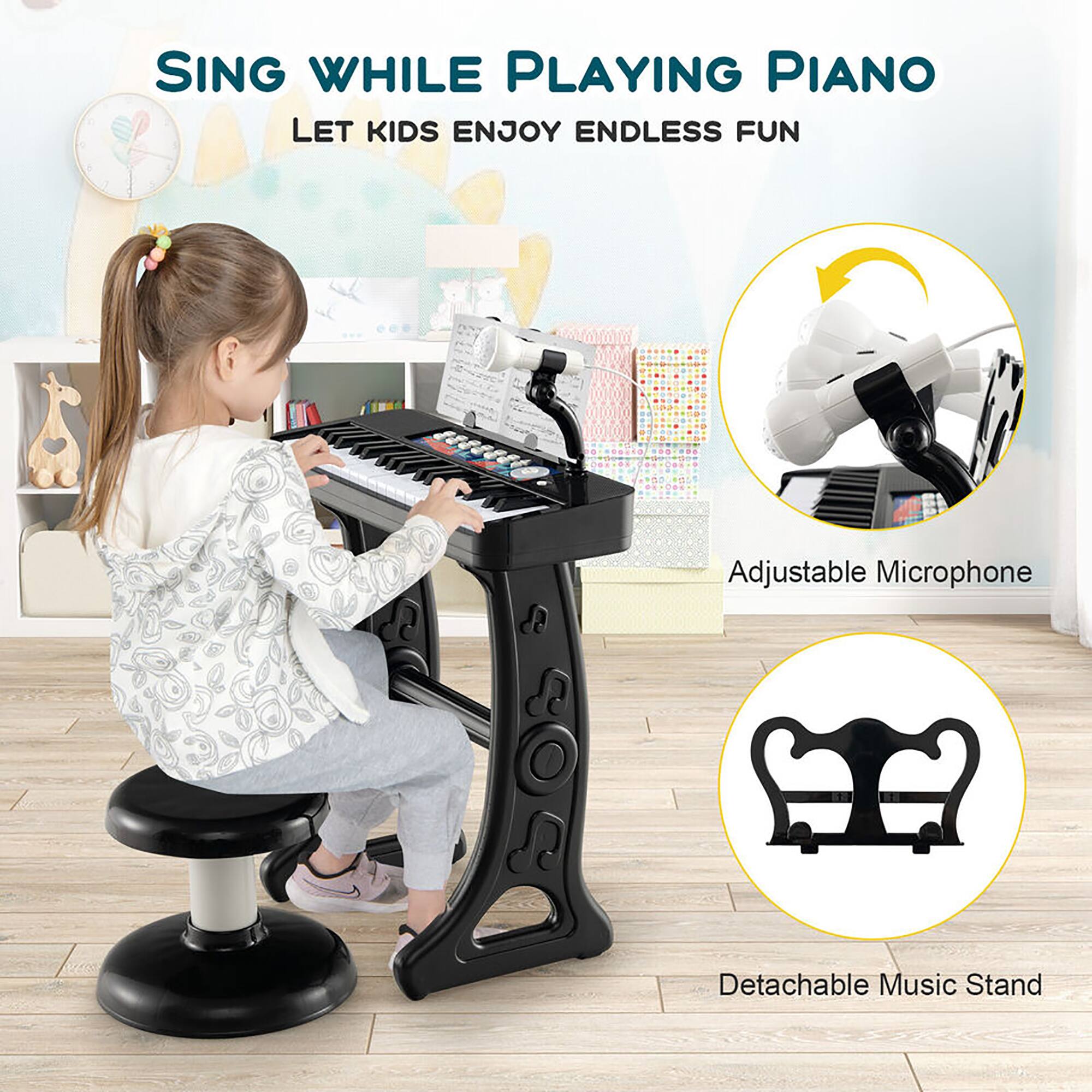 Sure, here is the corrected and grouped text from the image:

---

**Sing While Playing Piano**

Let Kids Enjoy Endless Fun

- Adjustable Microphone
- Detachable Music Stand

---