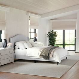 Martha Stewart - Amelia Faux Linen Upholstered Full Size Platform Bed with Curved Headboard - Gray Fabric/Black Legs