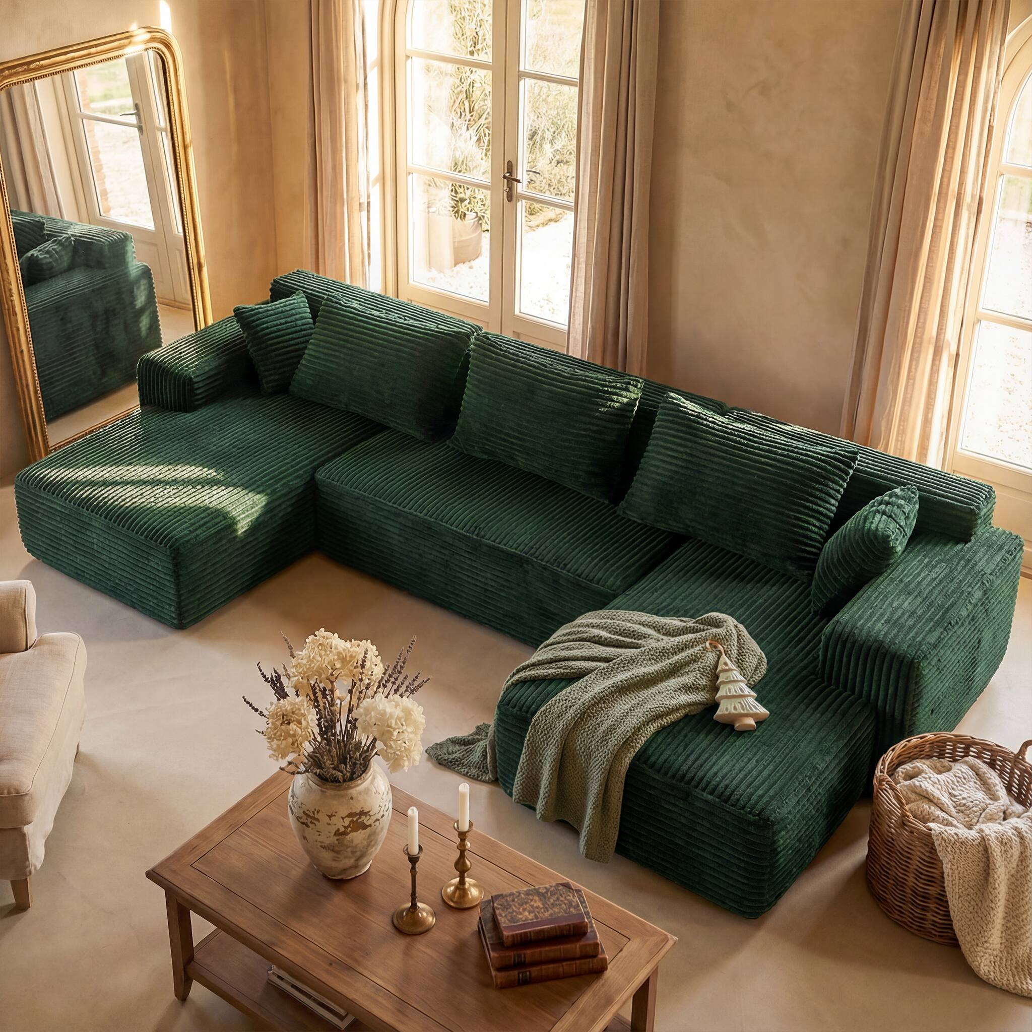 Alt View 6. FUFU & GAGA - Dark Green Modular Plush Velvet Sectional Sofa with Chaise, Soft High-Density Foam, Pet-Friendly Living Room Couch - Dark Green.