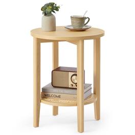 Songmics Home - Round Side End Table, 2-Tier Boho Bedside Table with Rattan-Look Storage Shelf, Nightstand for Small Spaces - Oak Beige