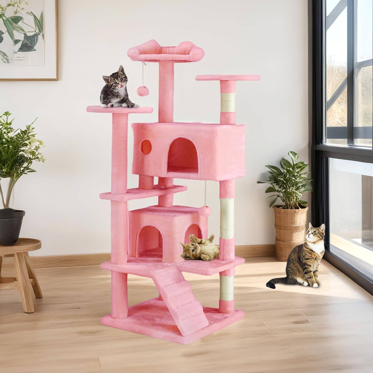 Front. AENKYO - 54" Cat Tree Tower Pet House Large Multi-Cat Climbing with Cat Scratching Post Condo for Indoor - Pink.
