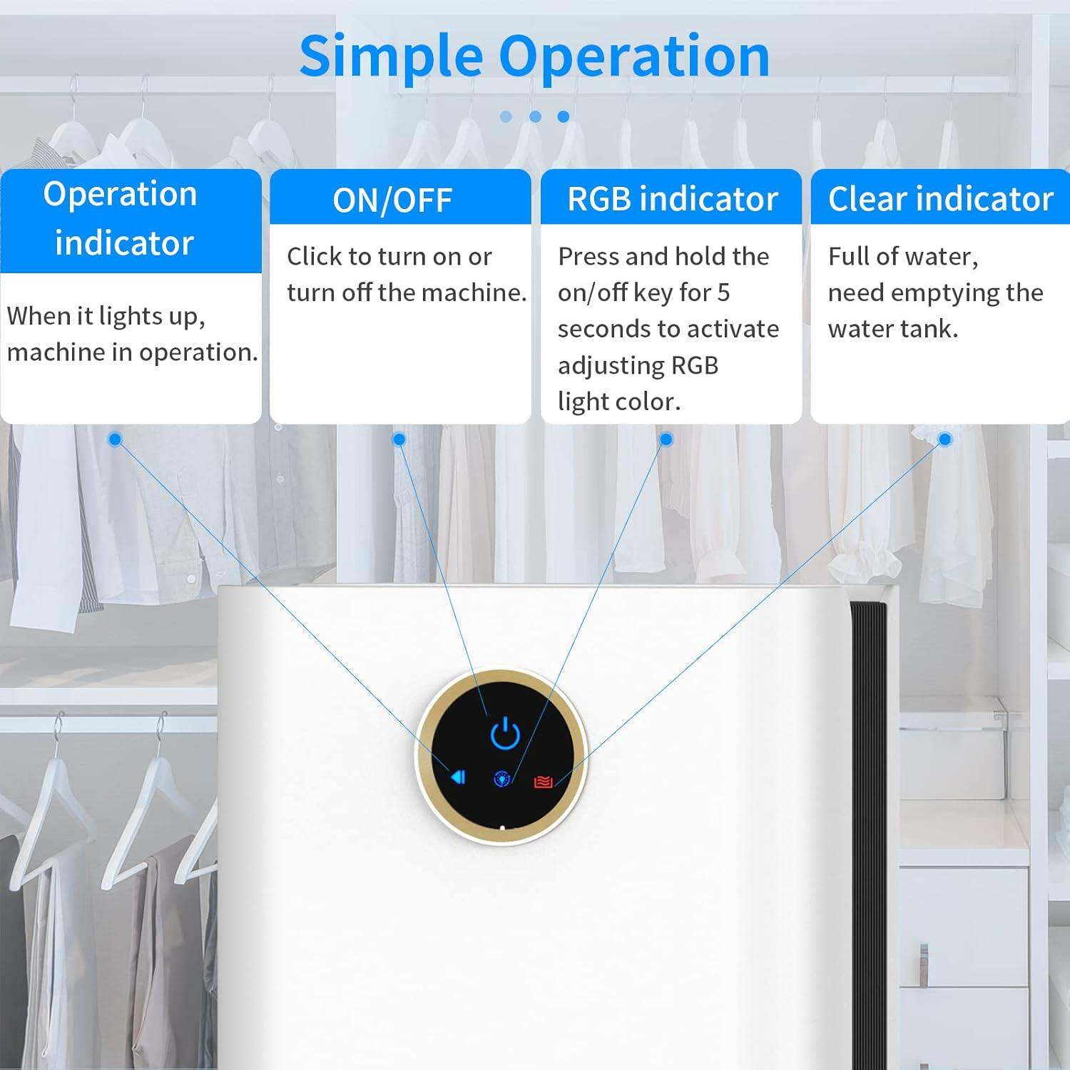 Simple Operation

- **Operation indicator**
  - When it lights up, machine in operation.

- **ON/OFF**
  - Click to turn on or turn off the machine.

- **RGB indicator**
  - Press and hold the on/off key for 5 seconds to activate adjusting RGB light color.

- **Clear indicator**
  - Full of water, need emptying the water tank.