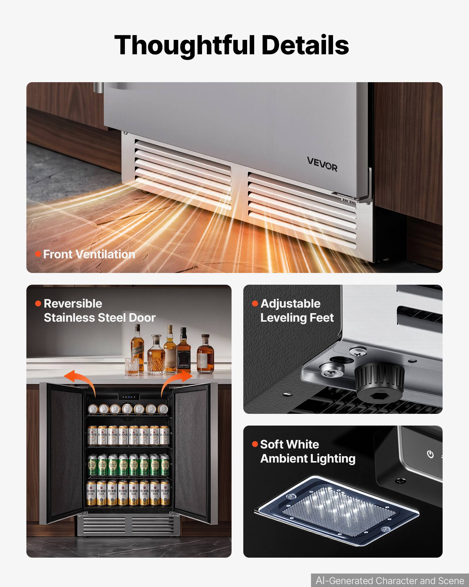 Thoughtful Details

VEVOR

Front Ventilation

Reversible Stainless Steel Door

Adjustable Leveling Feet

Soft White Ambient Lighting

AI-Generated Character and Scene
