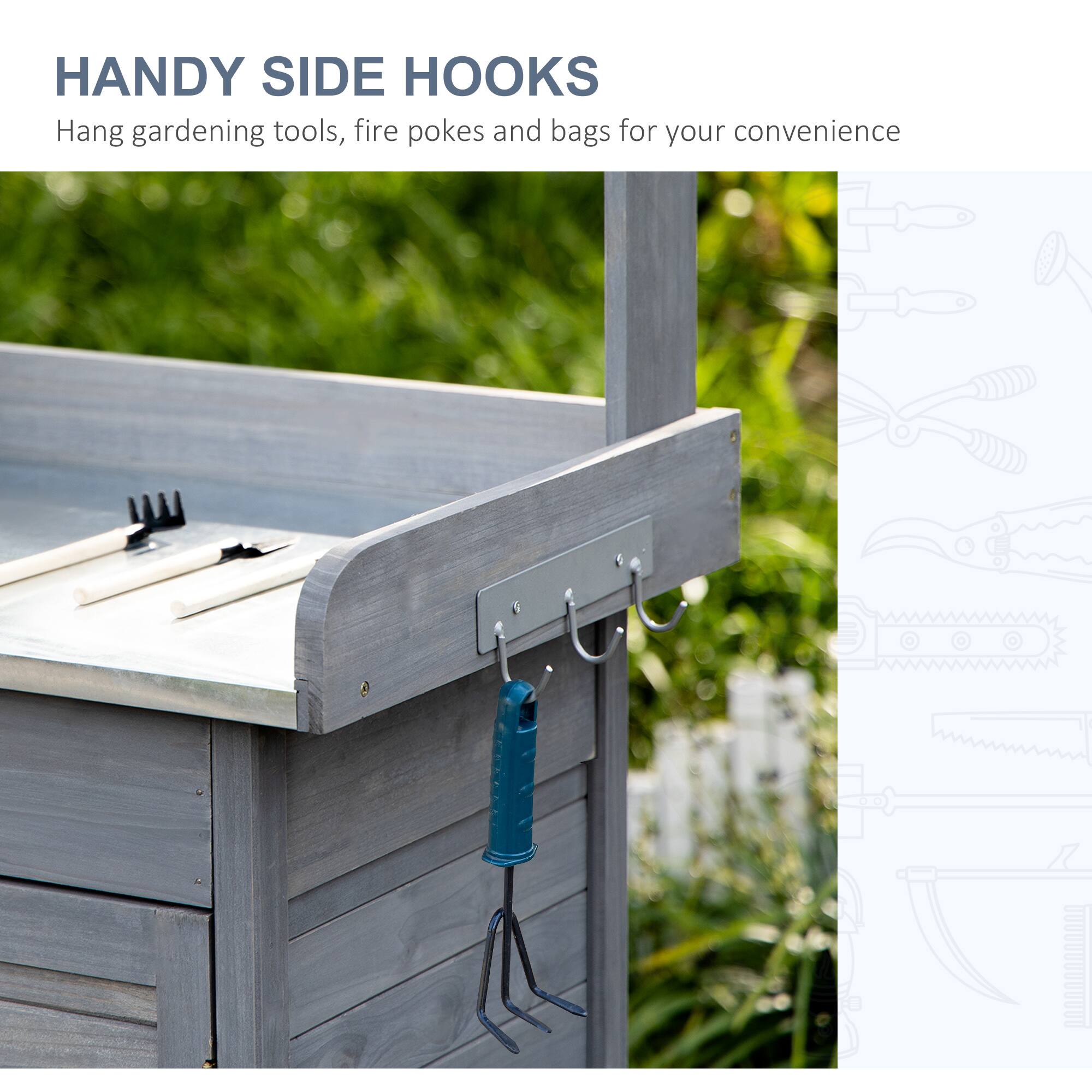 HANDY SIDE HOOKS
Hang gardening tools, fire pokes and bags for your convenience
