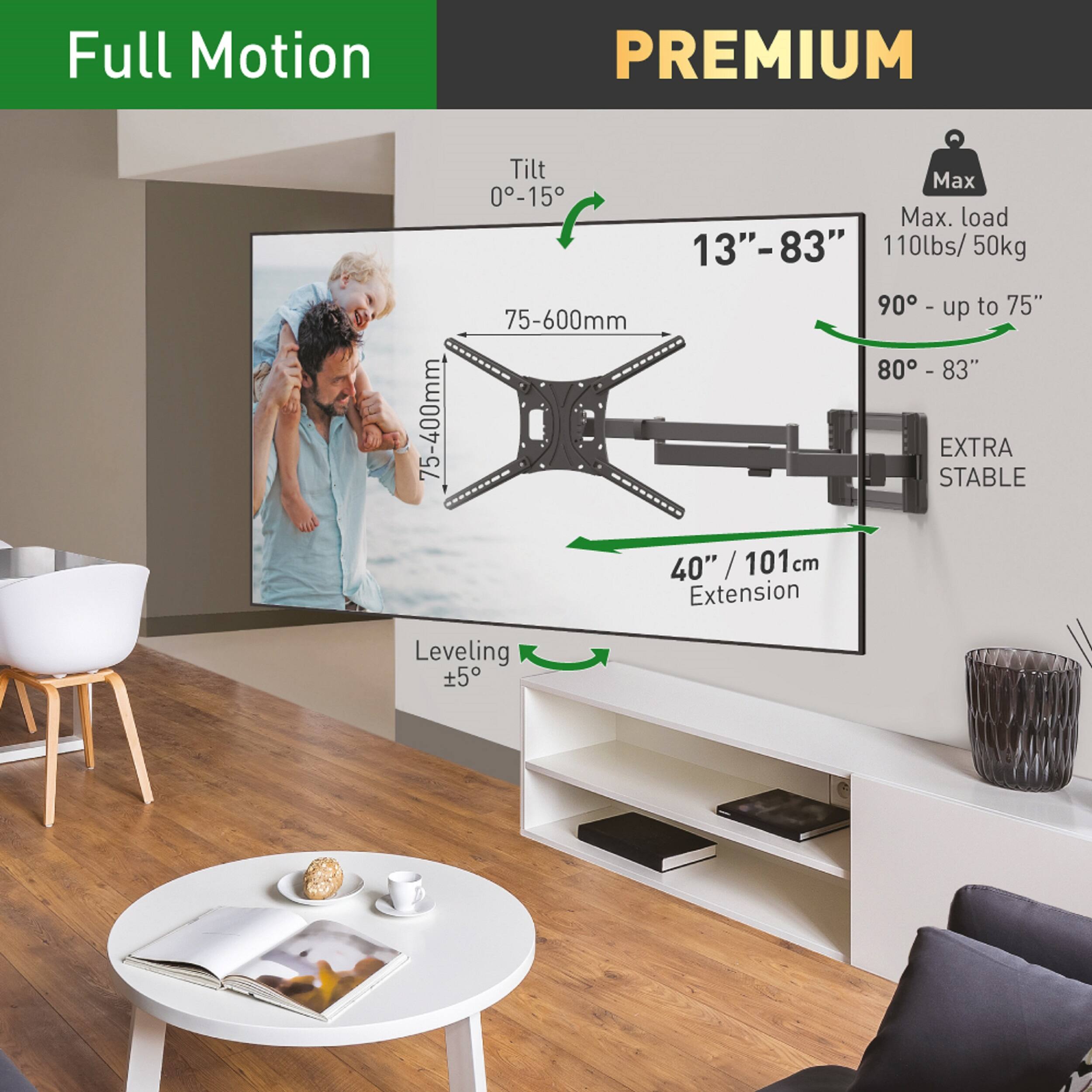 Full Motion PREMIUM

- Tilt: 0°-15°
- Max. load: 110lbs / 50kg
- 13" - 83"
- 75-600mm
- 90° - up to 75"
- 80° - 83"
- EXTRA STABLE
- 40" / 101cm Extension
- Leveling ±5°