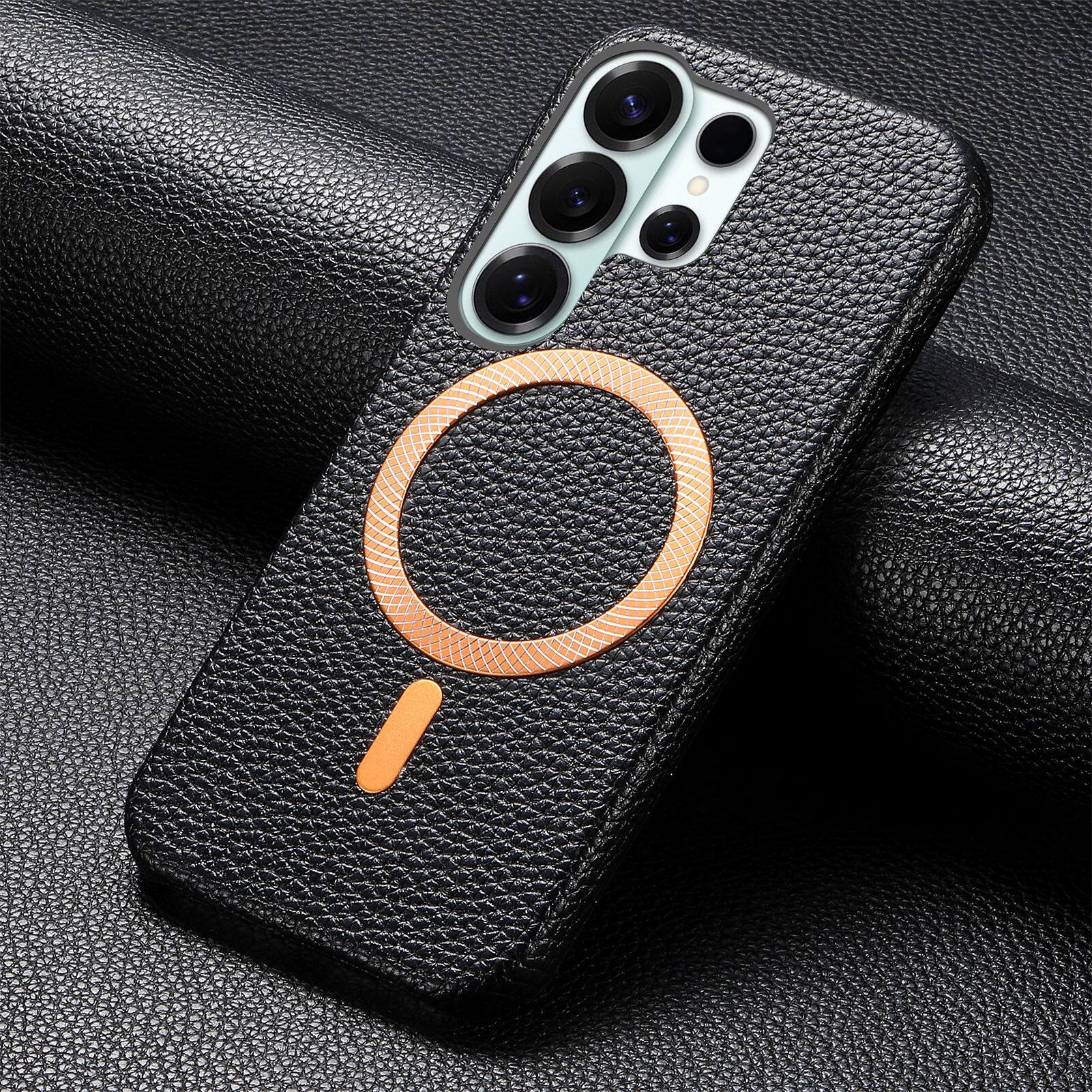 Alt View 4. Dteck - Lychee Texture Case for Samsung Galaxy S26 Ultra, Premium PU Leather Magnetic Shockproof Hard PC Cover with Raised Edges - Black.
