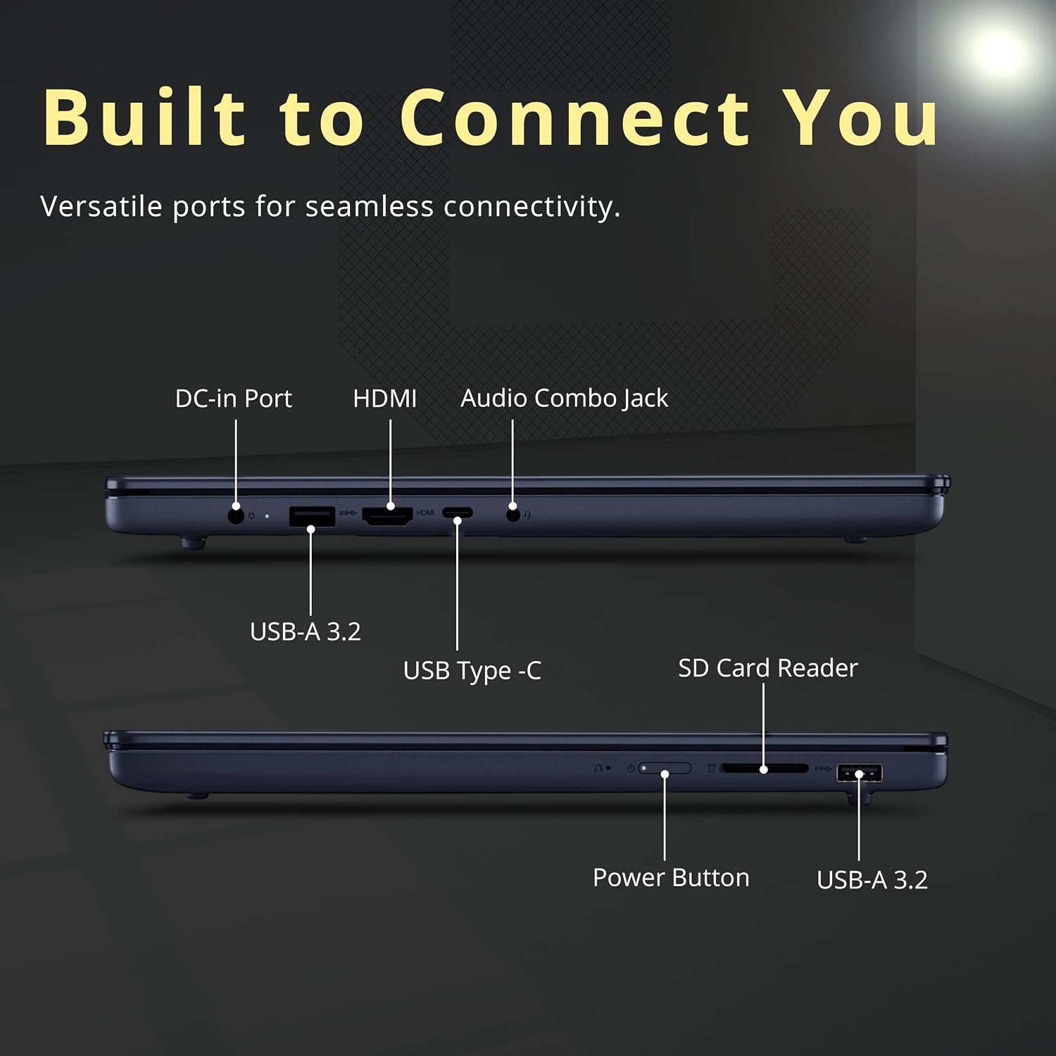 Built to Connect You  
Versatile ports for seamless connectivity.  
DC-in Port  
HDMI  
Audio Combo Jack  
USB-A 3.2  
USB Type-C  
SD Card Reader  
Power Button  
USB-A 3.2