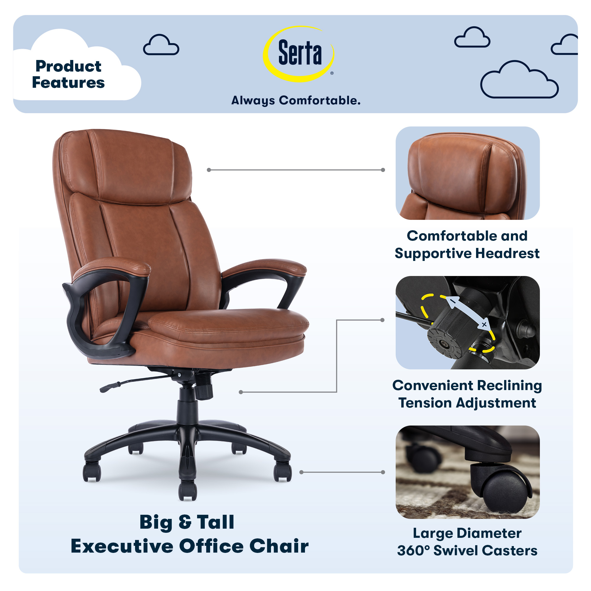 Left View: Serta - Fairbanks Bonded Leather Big and Tall Executive Office Chair - Cognac
