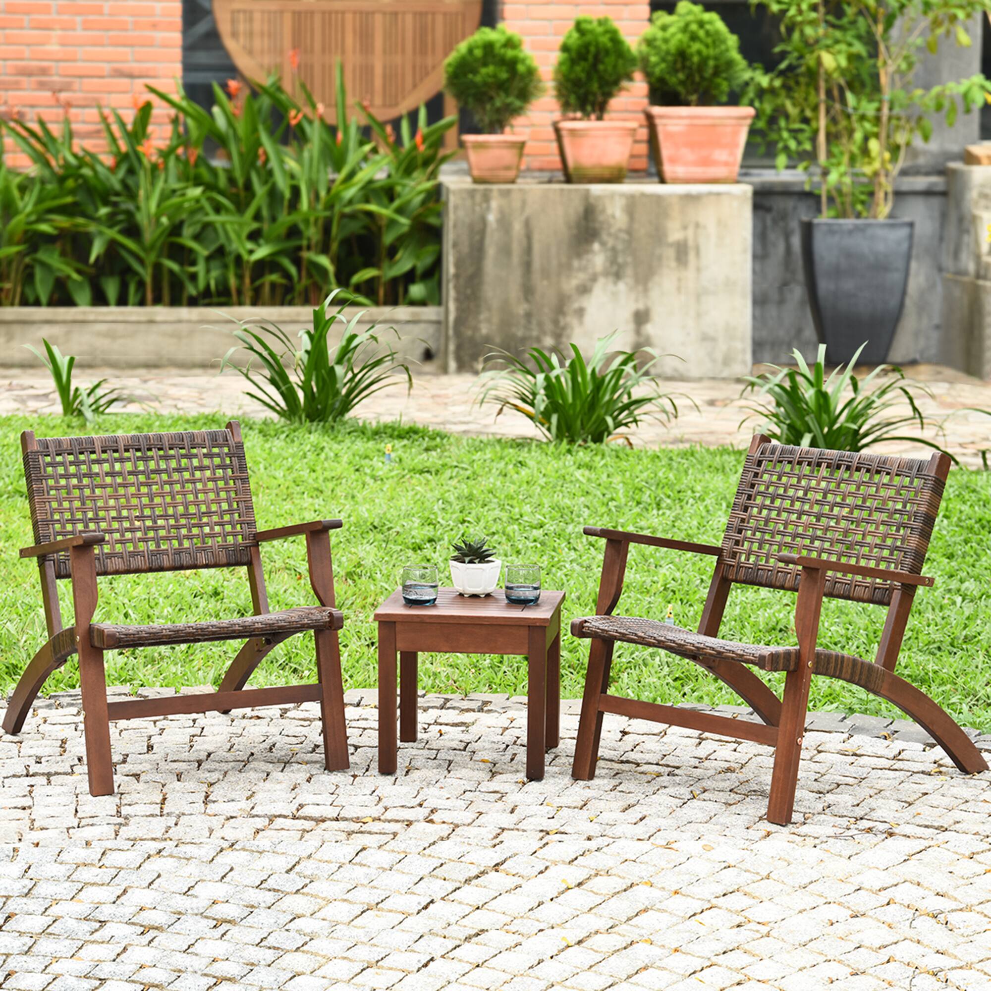 Alt View 1. Costway - Costway 3PCS  Patio Rattan Furniture Set  Solid Eucalyptus Wood Frame Bistro Set with Coffee Table - Brown.
