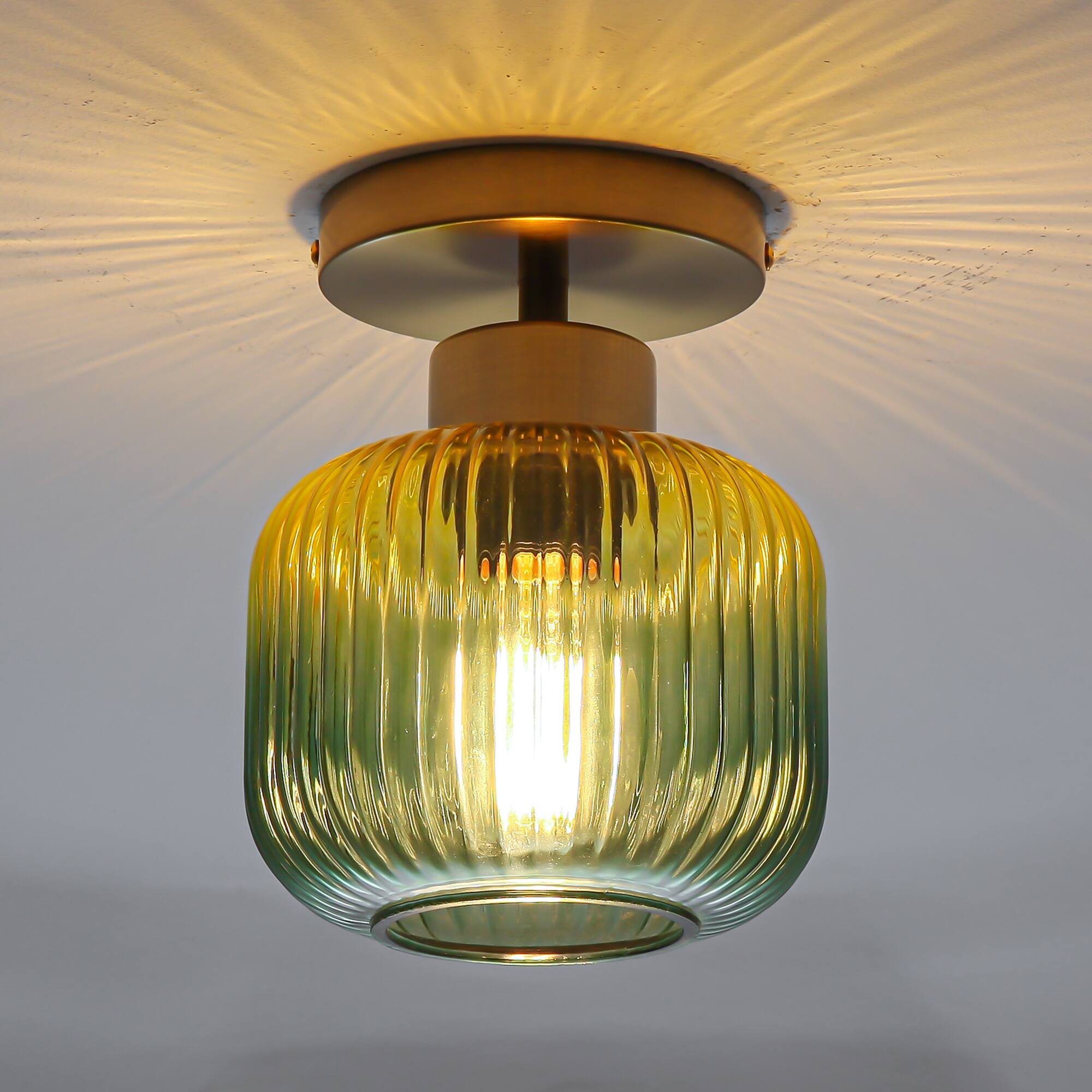 Back. Parrot Uncle - 6" Wide Mid-Century Modern Semi Flush Mount Ceiling Light with Green Ribbed Glass - Brass.