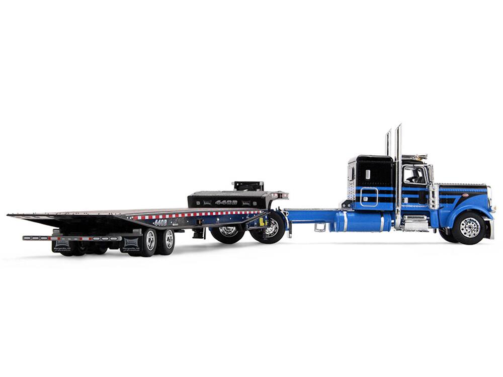 Alt View 4. First Gear - Peterbilt 389 with 48" Flat Top Sleeper and Landoll Traveling Axle Trailer Black with Blue 1/64 Model by DCP/First Gear.