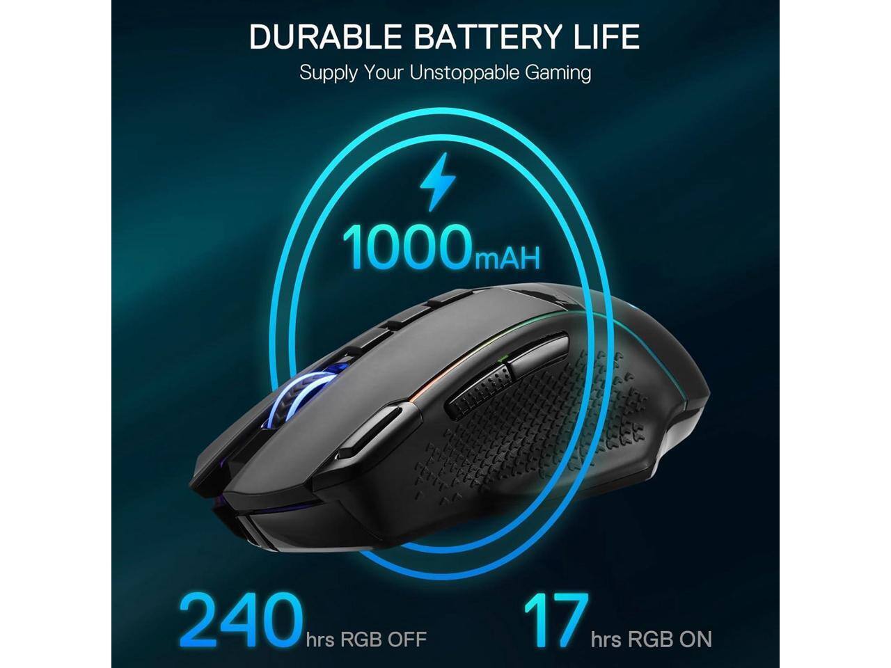DURABLE BATTERY LIFE  
Supply Your Unstoppable Gaming  

1000 mAh  

240 hrs RGB OFF  
17 hrs RGB ON