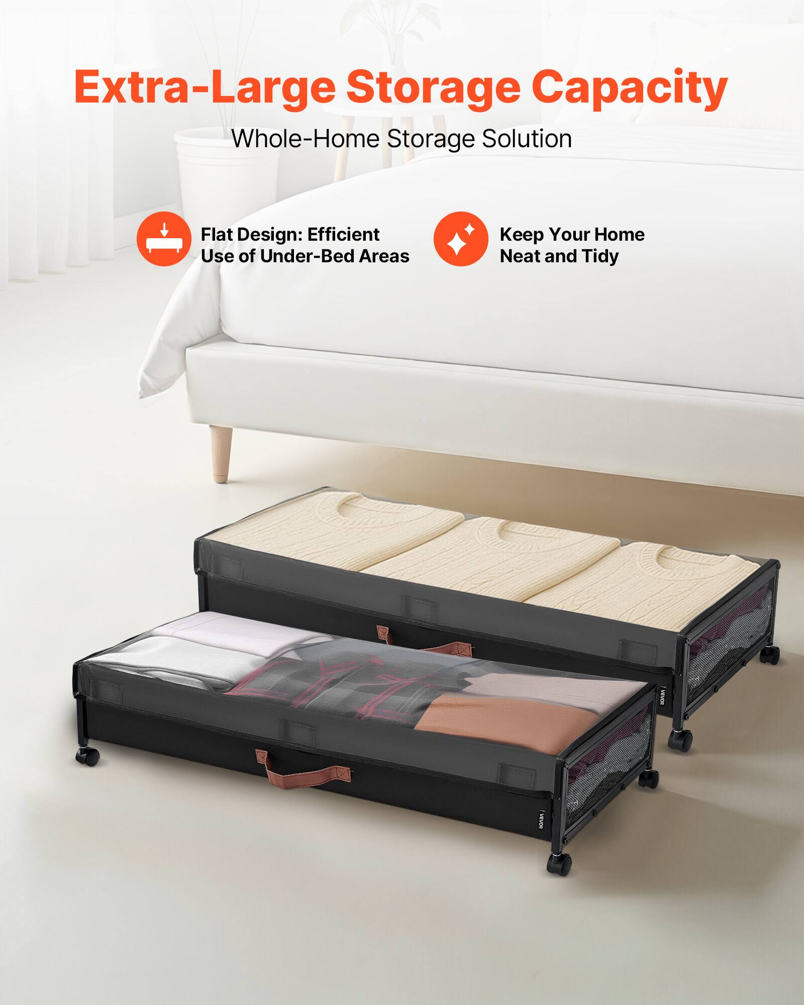 Extra-Large Storage Capacity  
Whole-Home Storage Solution  

Flat Design: Efficient Use of Under-Bed Areas  
Keep Your Home Neat and Tidy