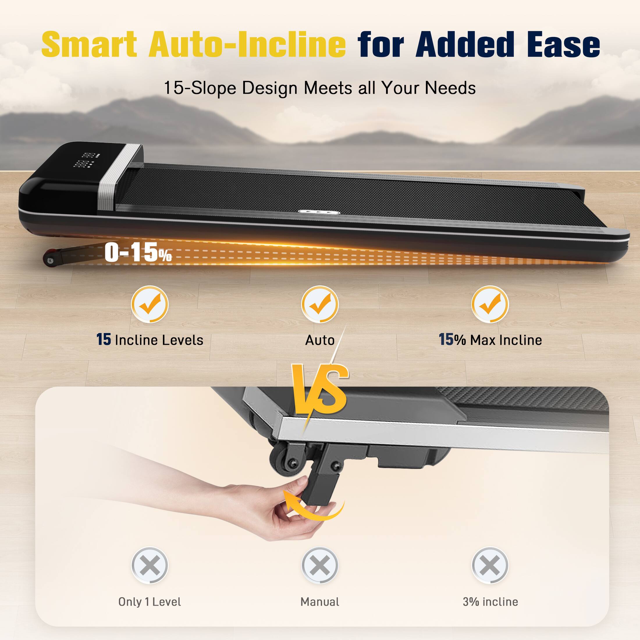 Smart Auto-Incline for Added Ease, 15-Slope Design Meets all Your Needs, 0-15%, 15 Incline Levels, Auto, 15% Max Incline, Only 1 Level, Manual, 3% incline