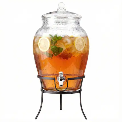 Front. Style Setter - Beverage Dispenser with Metal Rack & Glass Lid 2.7 GAL - Clear.