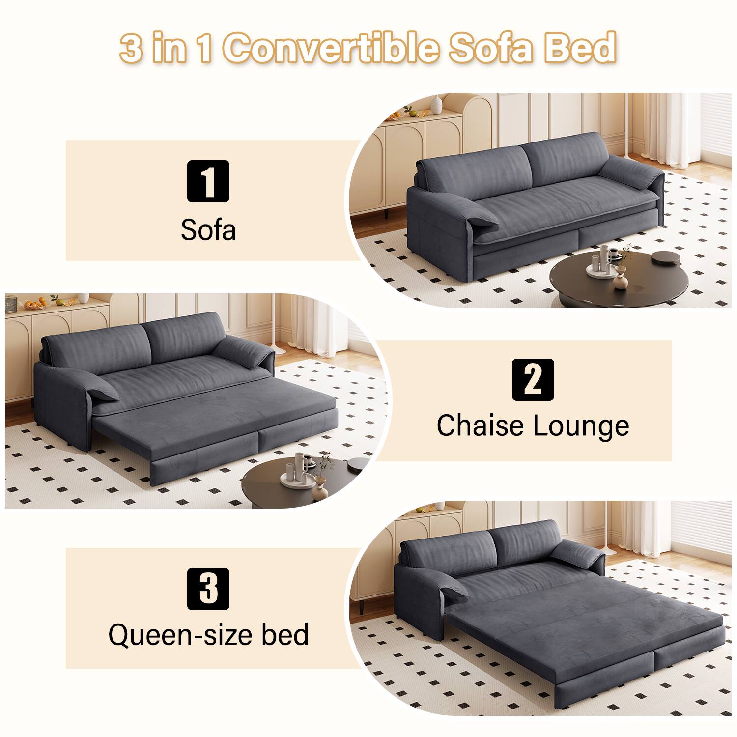 3 in 1 Convertible Sofa Bed: 1 Sofa, 2 Chaise Lounge, 3 Queen-size bed.