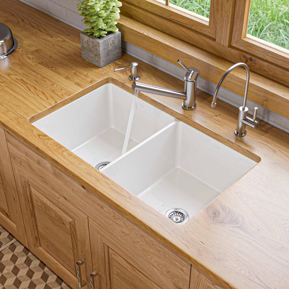 Alt View 6. Alfi - ALFI brand White 32 x 19 Double Bowl Fireclay Undermount / Drop In Kitchen Sink with Grid - White.