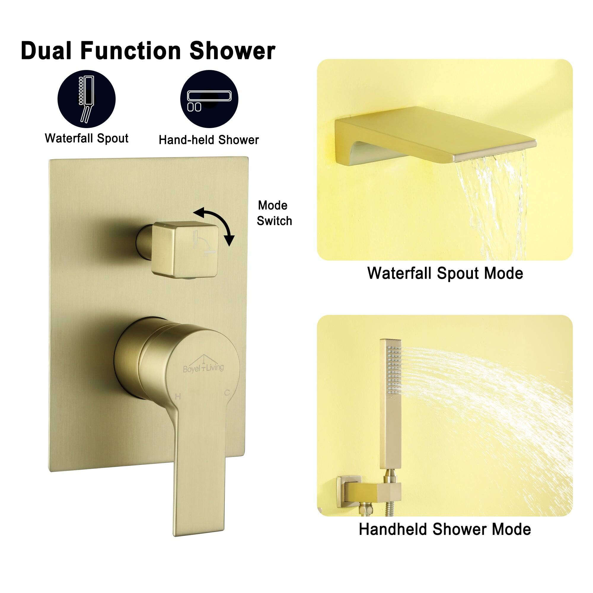 Dual Function Shower, Waterfall Spout, Hand-held Shower, Mode Switch, Waterfall Spout Mode, Handheld Shower Mode