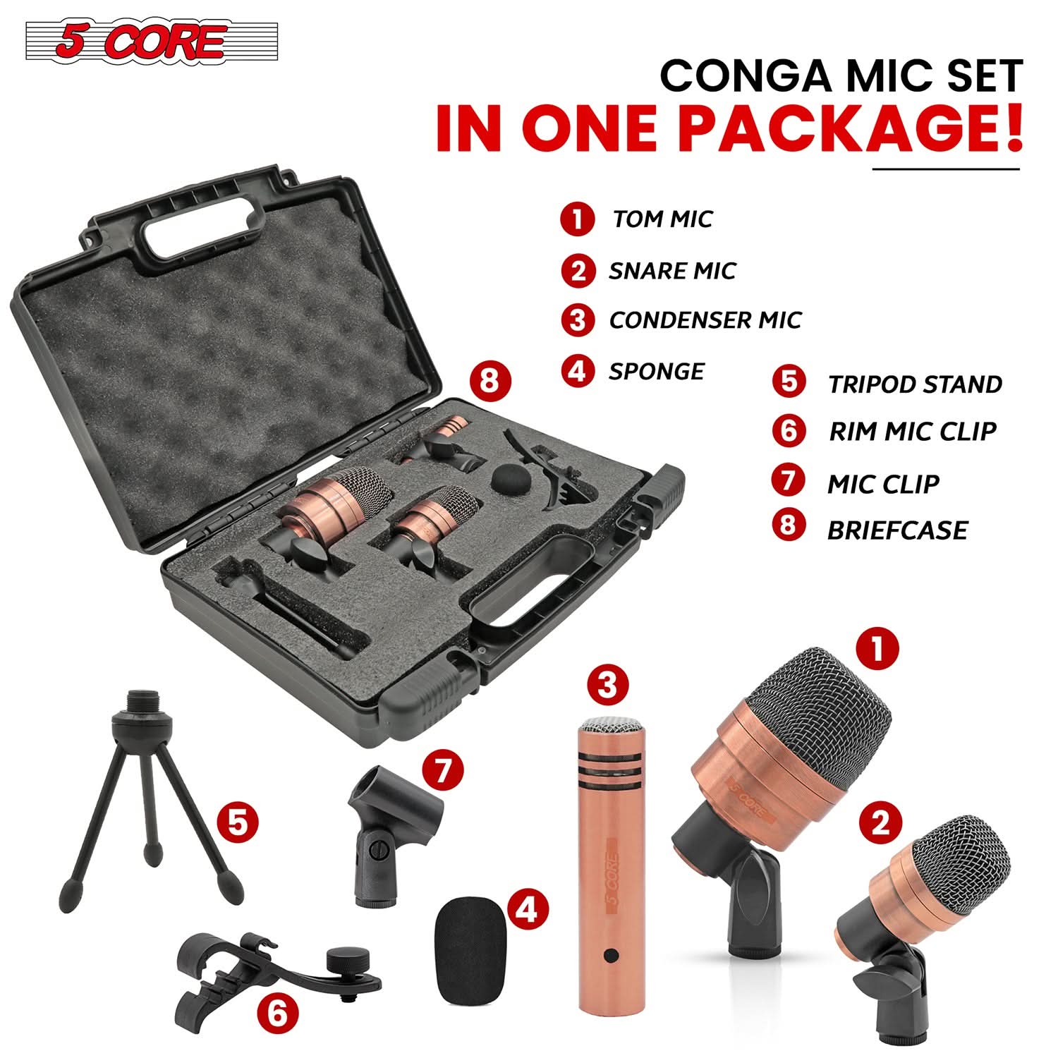 5 CORE

CONGA MIC SET IN ONE PACKAGE!

1. TOM MIC
2. SNARE MIC
3. CONDENSER MIC
4. SPONGE
5. TRIPOD STAND
6. RIM MIC CLIP
7. MIC CLIP
8. BRIEFCASE
