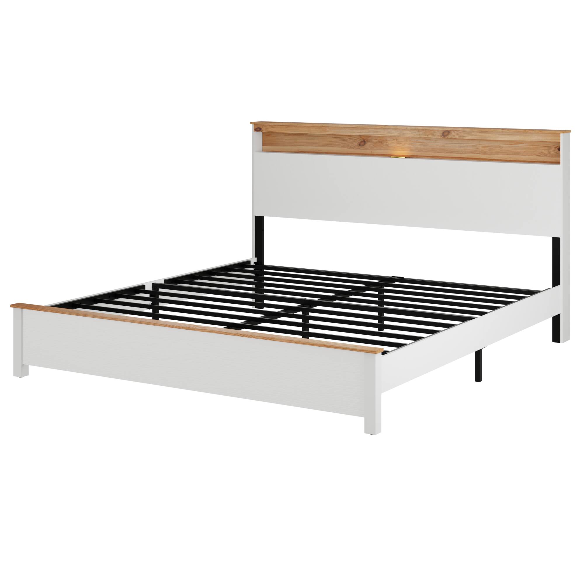 Left. LUCKY ONE - King Size Bed Frame With Storage Headboard and Built-in Charging Station - Antique White.