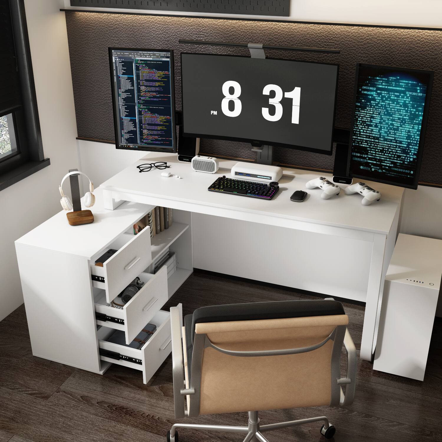 Alt View 6. Famapy - Famapy L - Shaped Computer Desk with Multi - Color Options: Ample Storage & Sturdy U - Frame for Home Office/Gaming - White.
