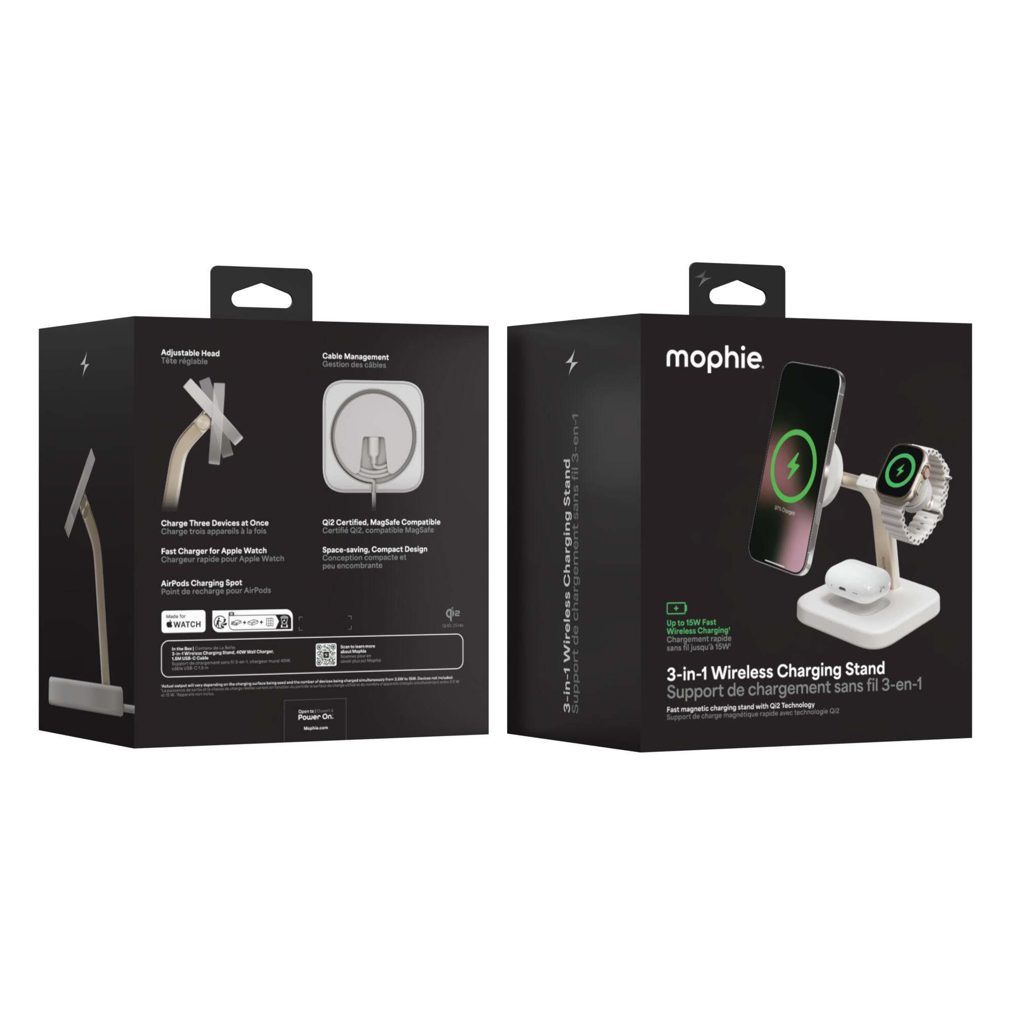 Adivetaboie Head Tala rgiable Cable Menagement Gleson I hasies mophie Charge Three Devices at Once Charge trais apperain . . fois Fast Charger for Apple Watch Chargeur rapide pour Apple Watch AuPuds Charping Spot Podee de rechrge - AirPods SWATCH DO Certiffied Mngilafle Computble Car sn  compatdae Mngtate Space-caving Compact Design Concaption Compacte - - encombrante POuRr d don stand Chargino 3ULLIORS cha Wireless dlo 1 Support Poe Up - 1W daut Wirsiess Charging Chargement mapide sars - a - 3-in-1 Wireless Charging Stand de chargement sans fil 3-en-1 Support charging mana - - Techonology - magnata nchdioge ae u aps I Support - sharge

Corrected text:

Adjustable Head Tilt Cable Management
Charge Three Devices at Once
Fast Charger for Apple Watch
AirPods Charging Spot
3-in-1 Wireless Charging Stand
Support de chargement sans fil 3-en-1
Fast magnetic charging stand with Qi Technology