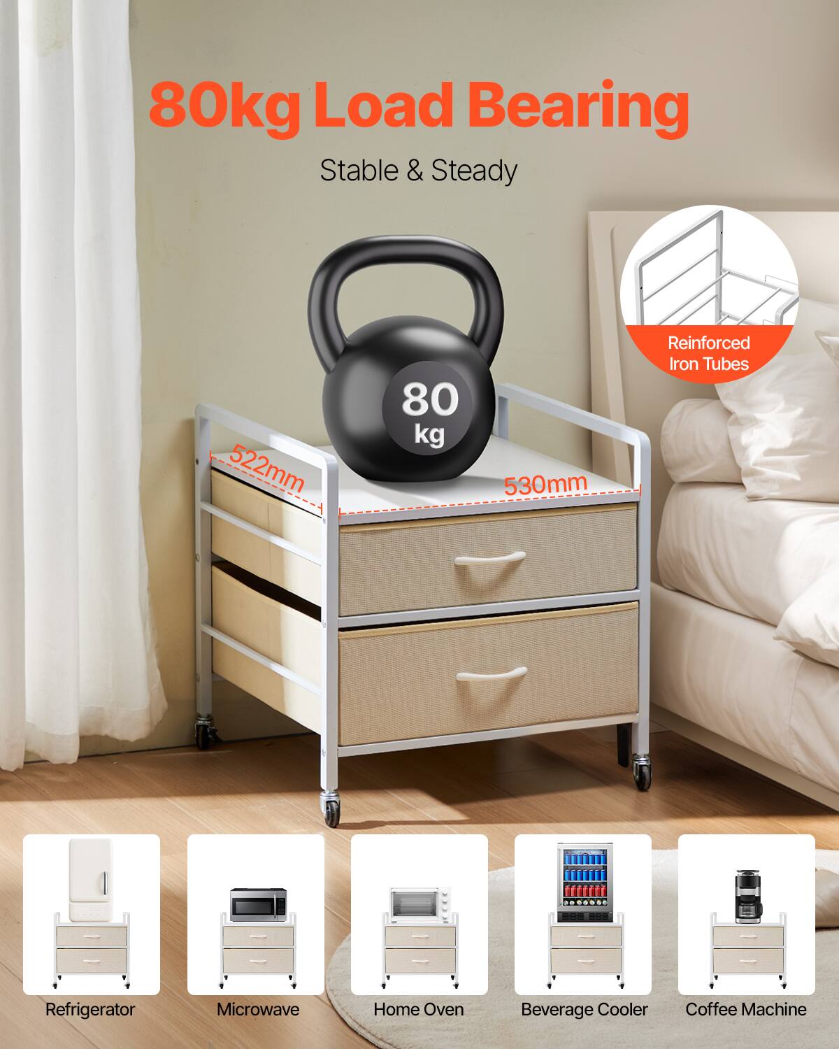 80kg Load Bearing Stable & Steady 522mm 80 kg 530mm Reinforced Iron Tubes Refrigerator Microwave Home Oven Beverage Cooler Coffee Machine