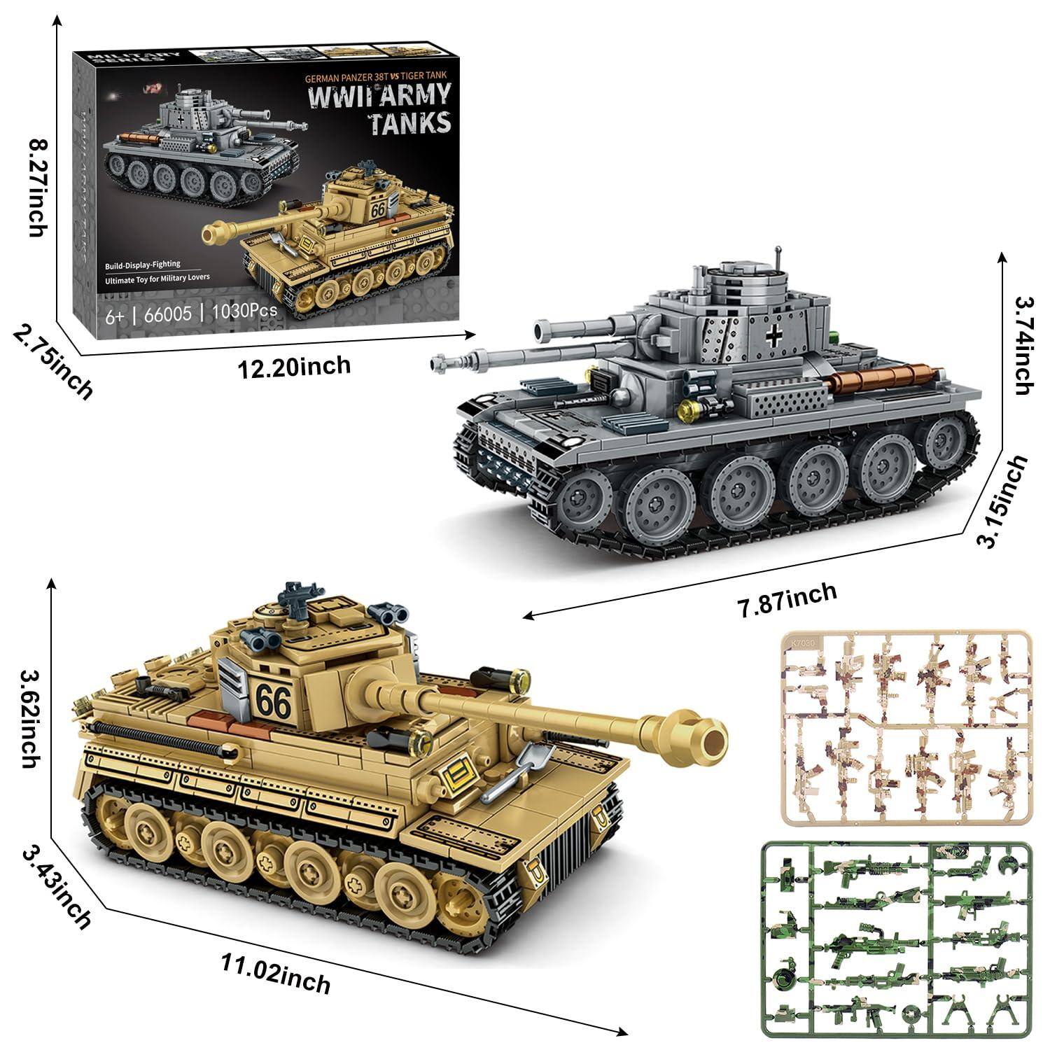 GERMAN PANZER SBT TIGER TANK  
WWII ARMY TANKS  

Build-Display-Fighting  
Ultimate Toy for Military Lovers  

6+ | 66005 | 1030Pcs  

8.27inch  
12.20inch  
2.75inch  
7.87inch  
11.02inch  
3.62inch  
3.43inch  
3.74inch  
7.44inch  
3.62inch