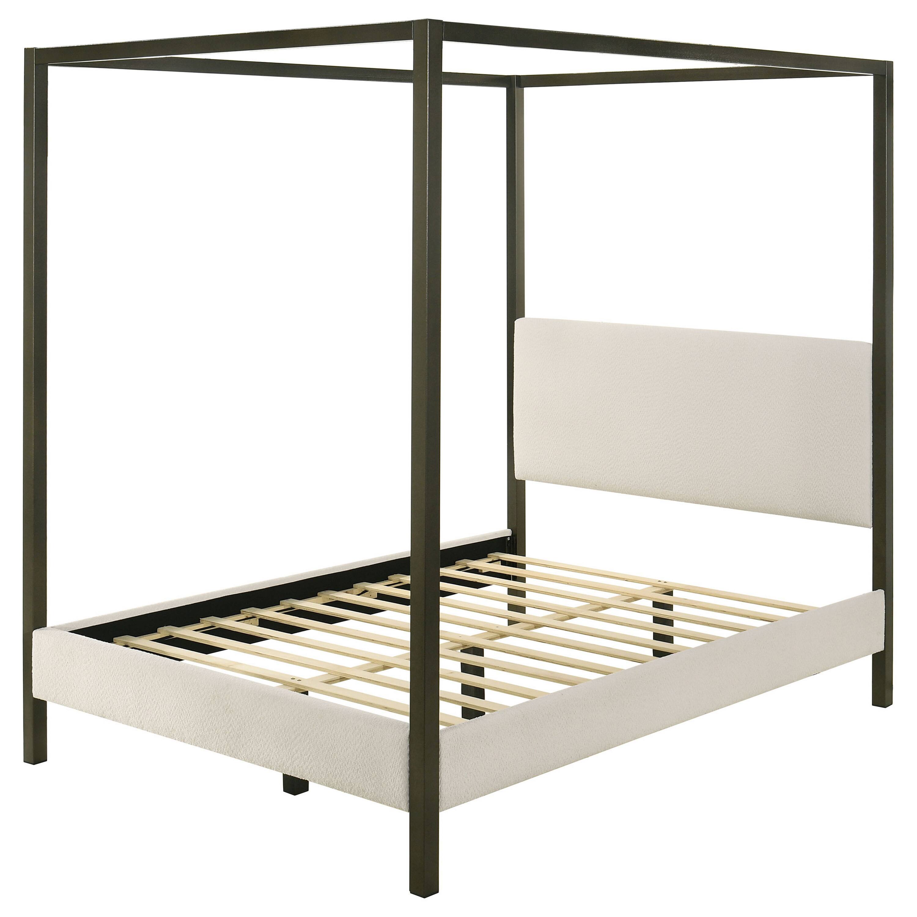Alt View 2. Manhattan Lane - Rey King Size Canopy Bed, Padded Headboard, 4 Post Frame, Ivory Upholstery - Ivory, Bronze.