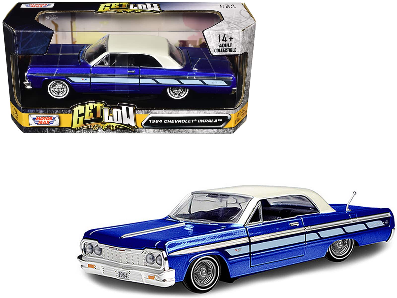 "1964 Chevrolet Impala Lowrider Hard Top Candy Blue Metallic with Cream Top ""Get Low"" Series 1/24 Model Car by Motormax" price history on PriceWatchPro