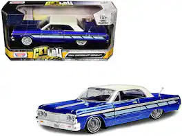 1964 Chevrolet Impala Lowrider Hard Top Candy Blue Metallic with Cream Top "Get Low" Series 1/24 Model Car by Motormax