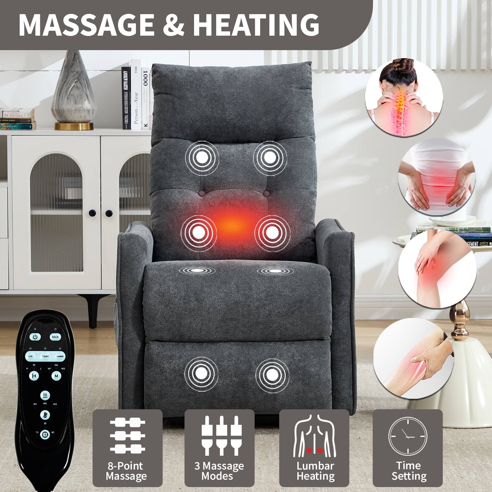 MASSAGE & HEATING

8-Point Massage  
3 Massage Modes  
Lumbar Heating  
Time Setting
