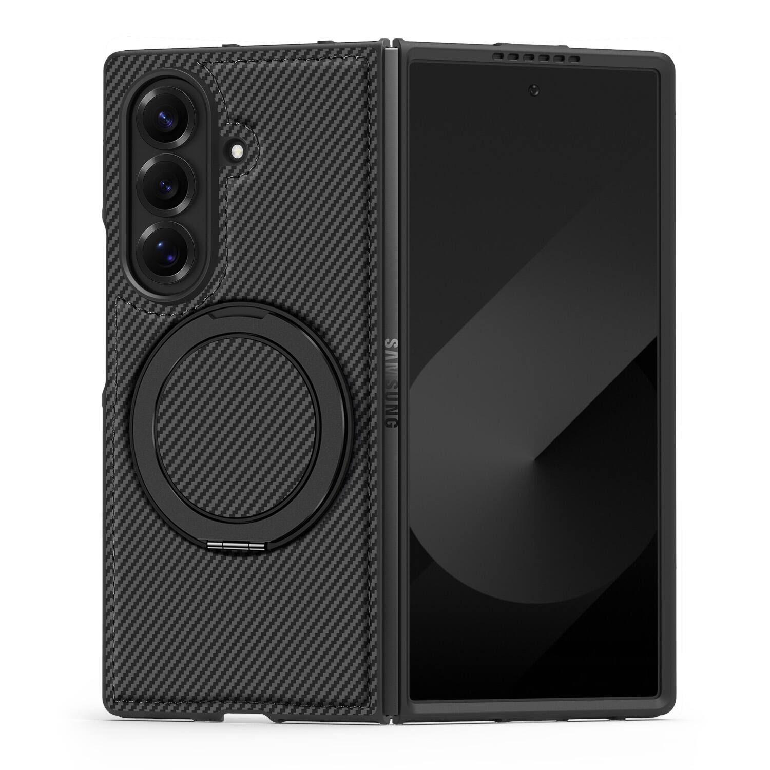 Angle. Dteck - Magnetic Case for Samsung Galaxy Z Fold7,Shockproof Hard PC Back Cover,Rugged Phone Cover with Rotatable Metal Kickstand - Black.