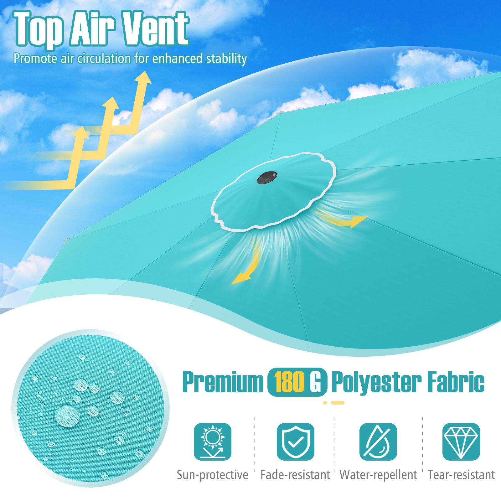 Top Air Vent Promote air circulation for enhanced stability Premium 180 G Polyester Fabric Sun-protective, fade-resistant, water-repellent, tear-resistant.